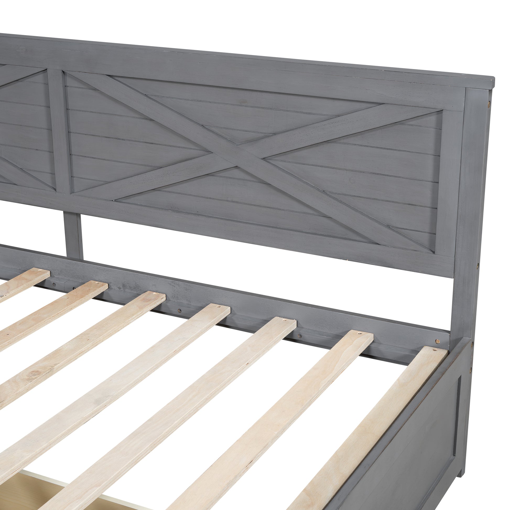 Gray wooden daybed frame with decorative Xslat headboard