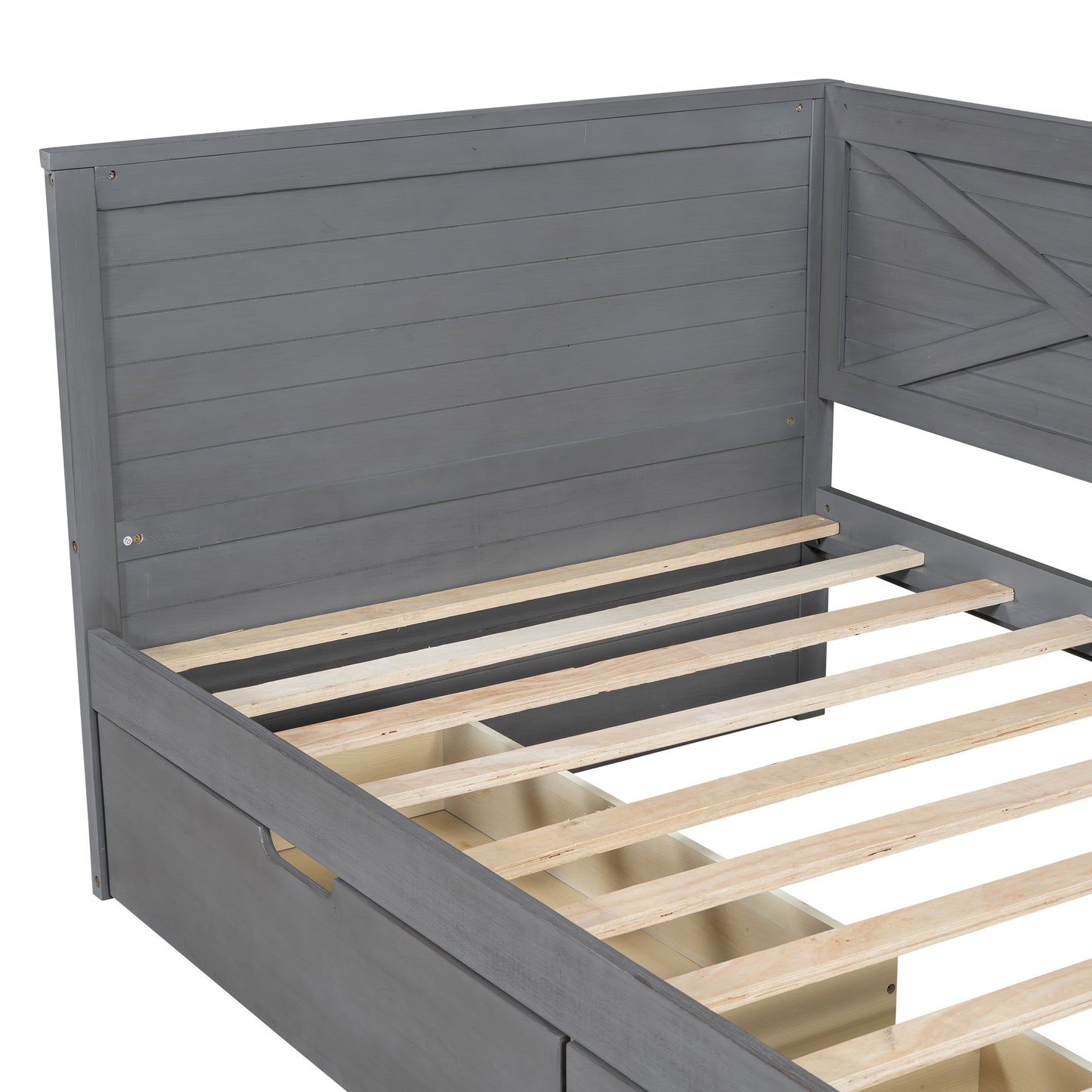 Gray wooden daybed with slatted base and Xdesign headboard