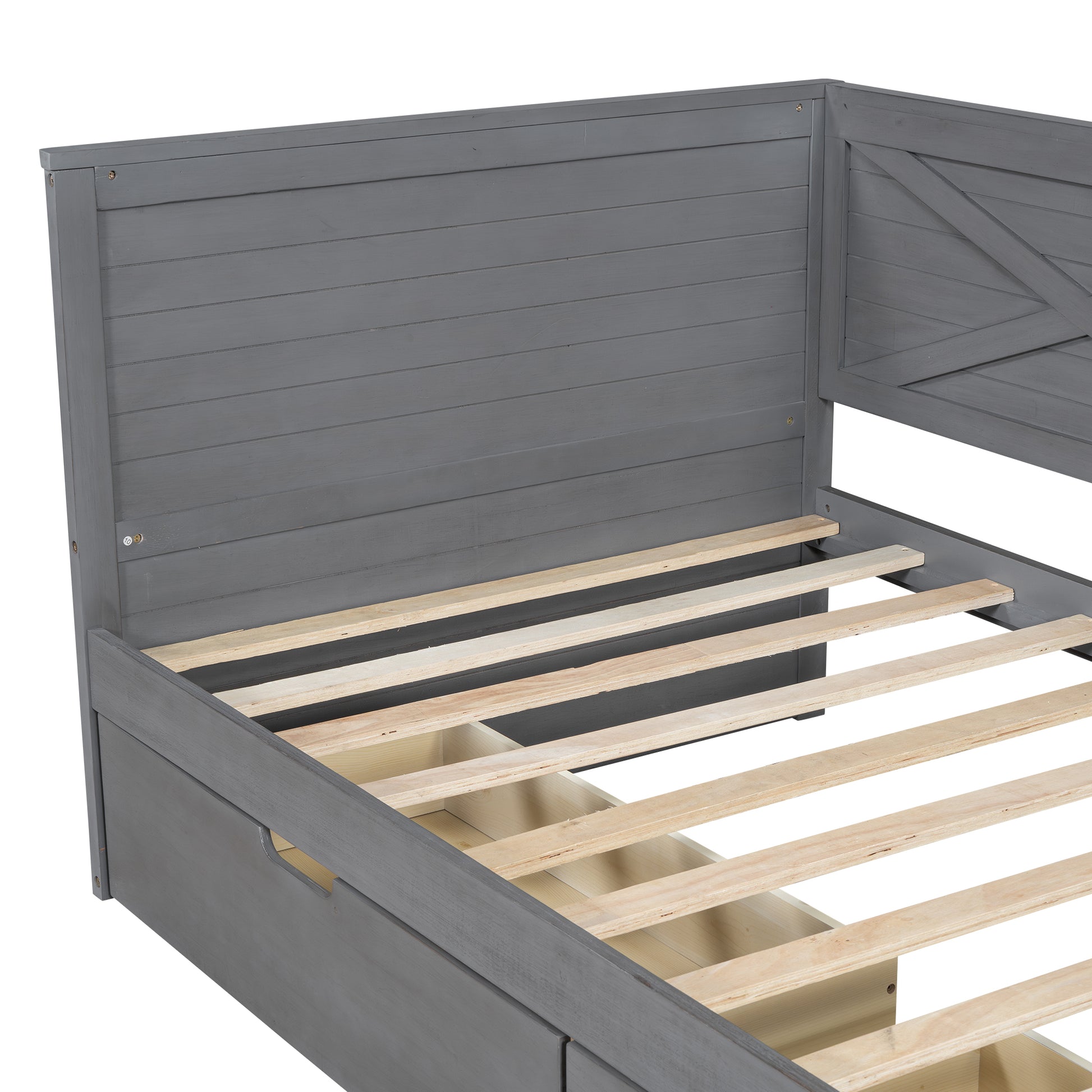 Gray wooden daybed with slatted base and Xdesign headboard