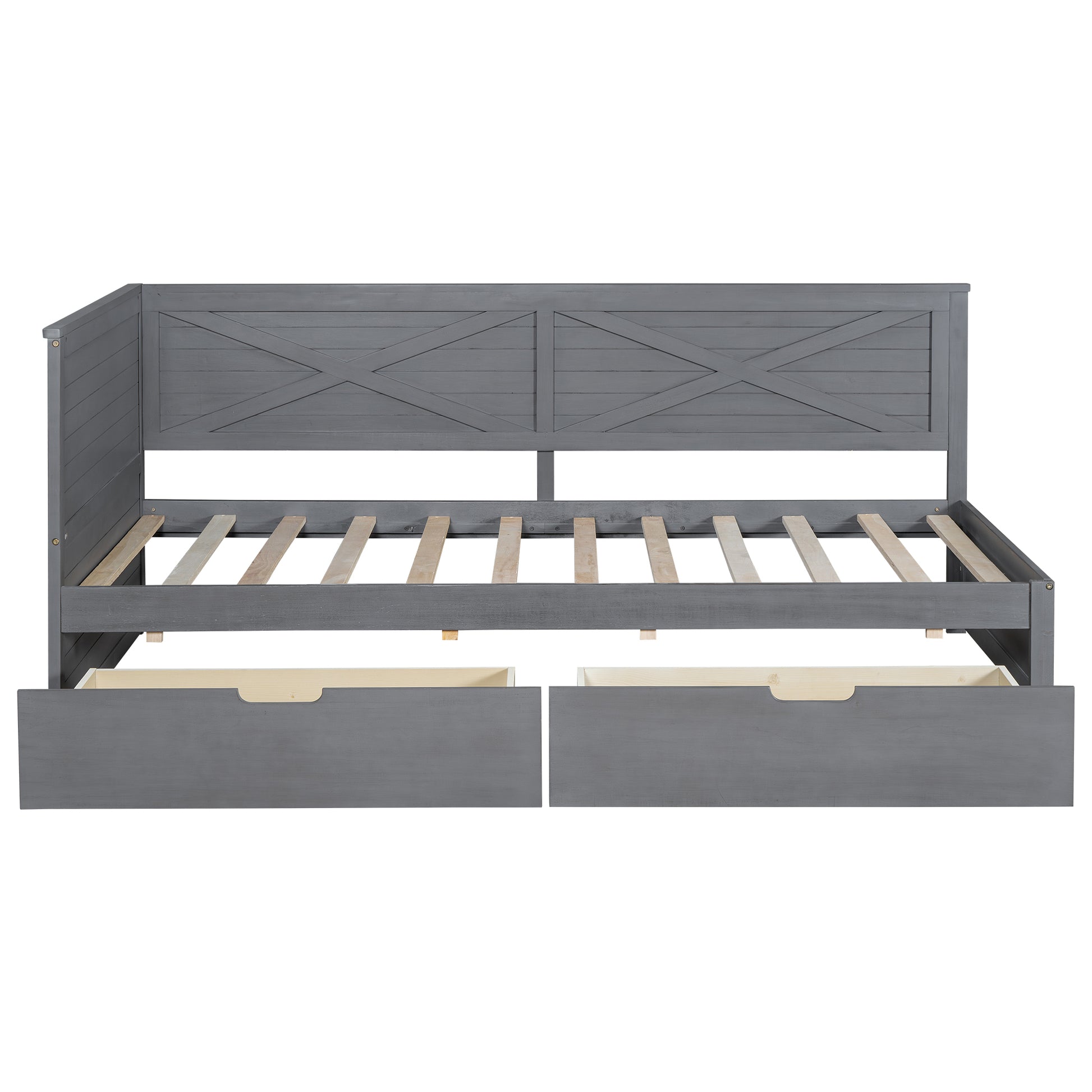 Grey farmhouse daybed with storage drawers and crossback design