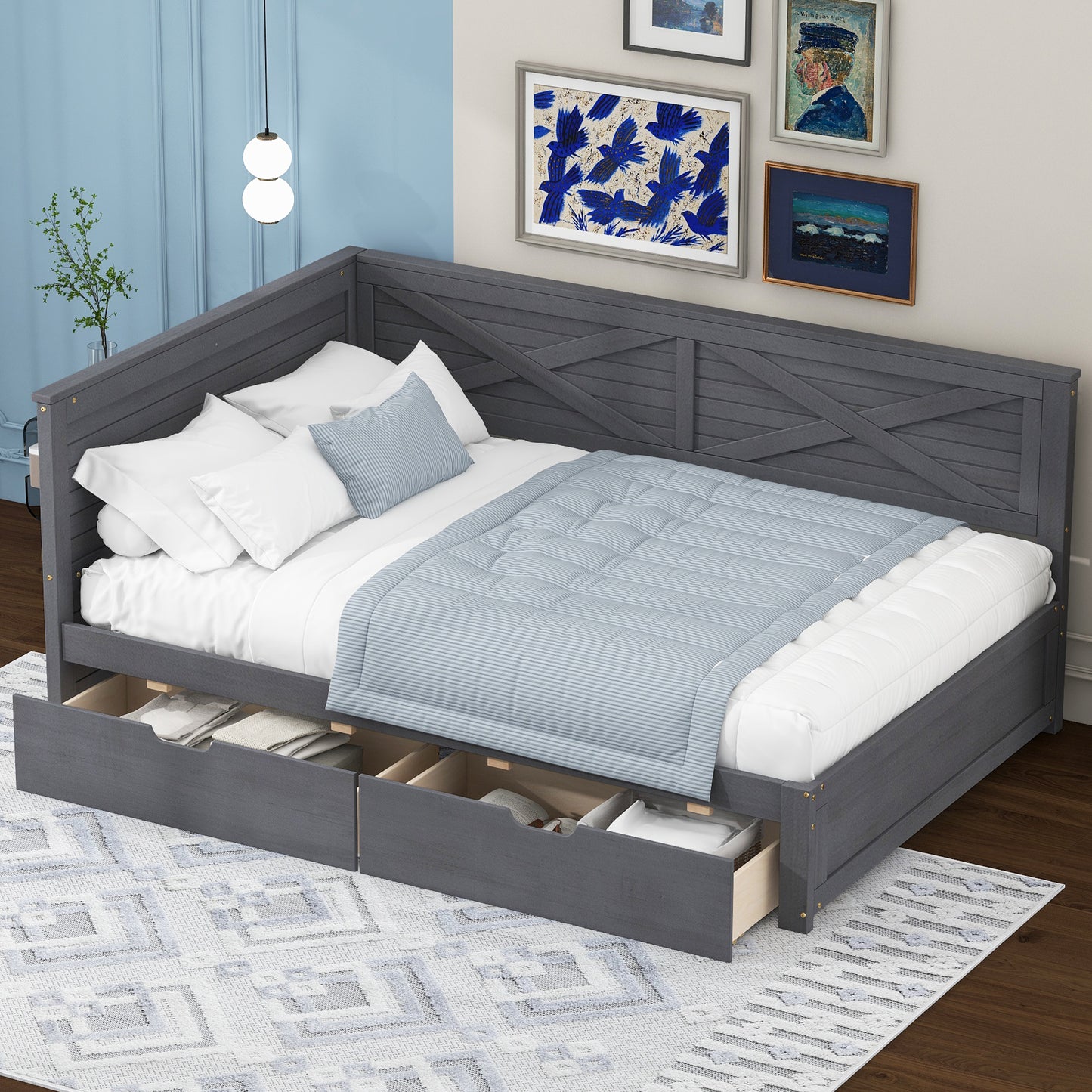 Dark gray wooden daybed with crossback design and three drawers
