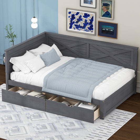 Dark gray wooden daybed with crossback design and three drawers