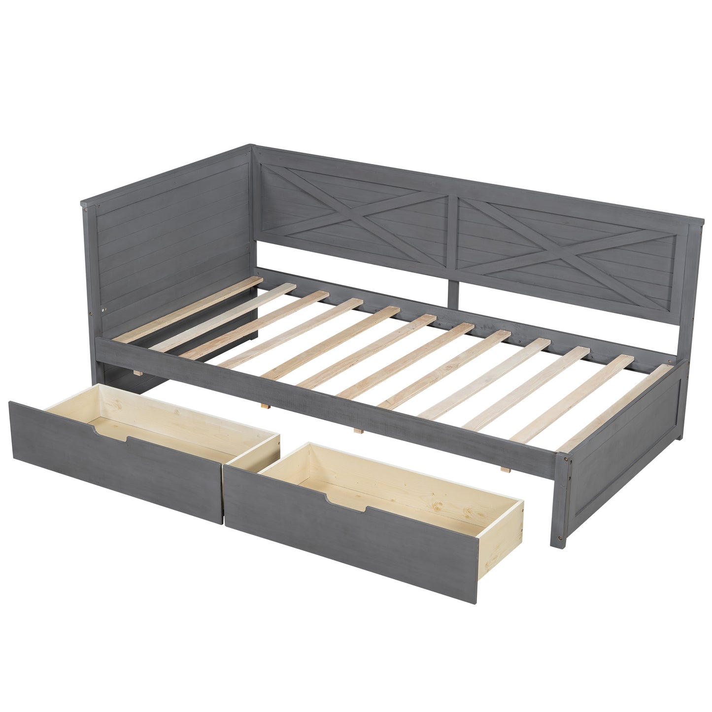 Gray wooden daybed with two pullout drawers and slatted base