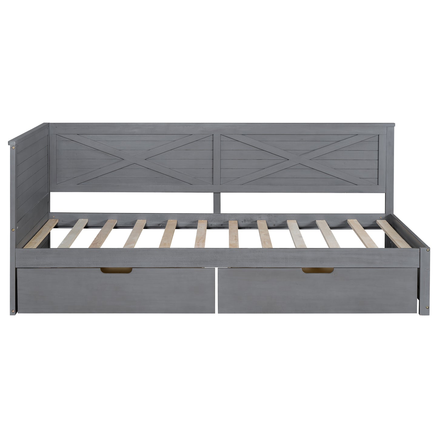 Gray wooden daybed with Xdesign headboard and two drawers
