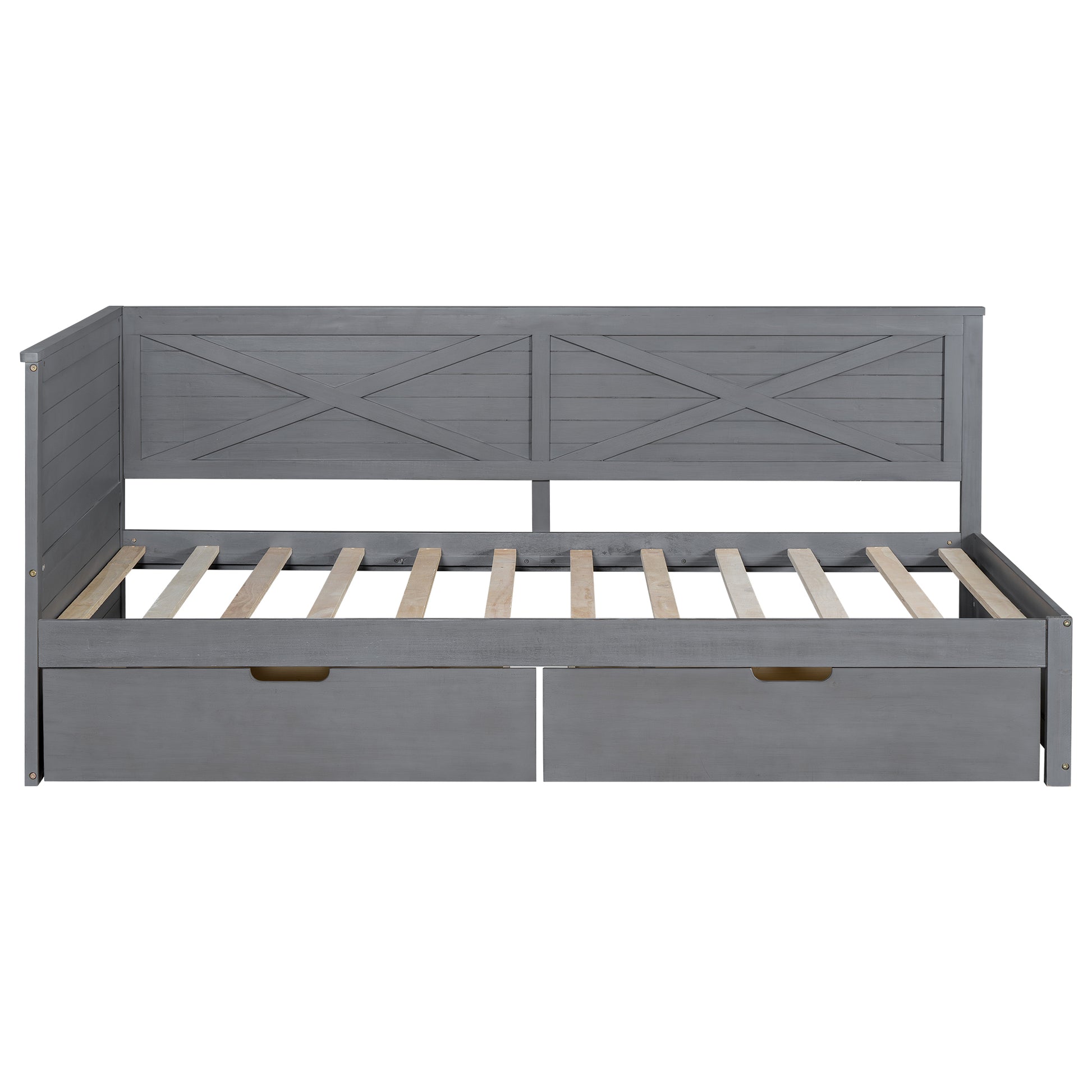 Gray wooden daybed with Xdesign headboard and two drawers