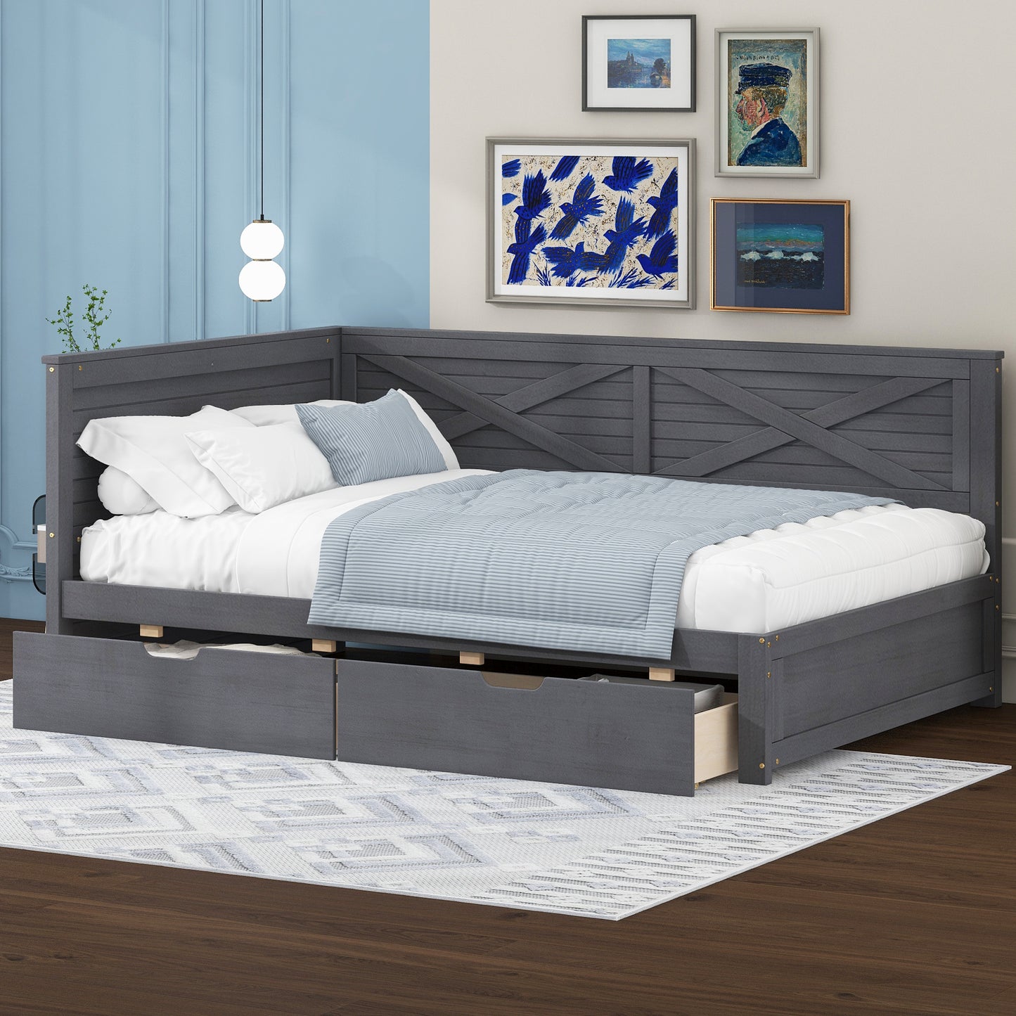 Gray wooden daybed with xdesign headboard and three storage drawers