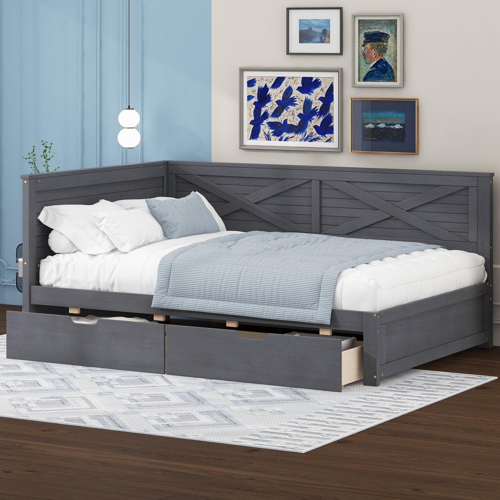 Gray wooden daybed with xdesign headboard and three storage drawers