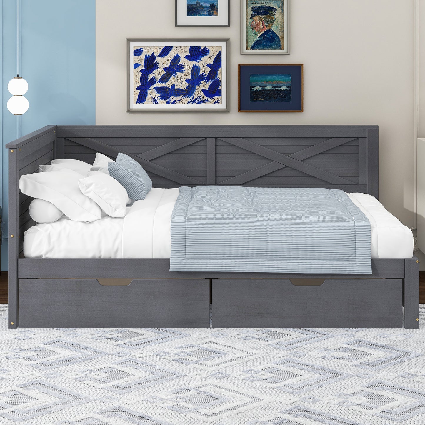 Gray wooden daybed with Xbrace headboard and two storage drawers