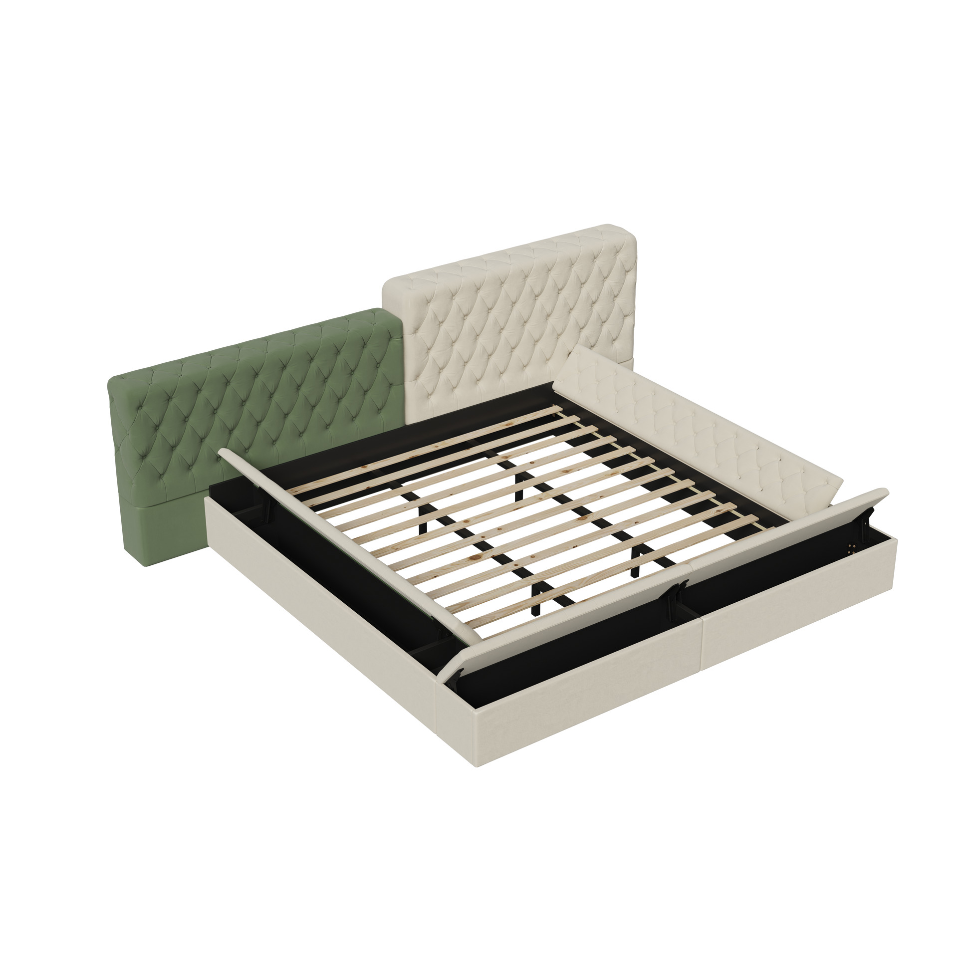 Tufted beige storage bed frame with a green headboard
