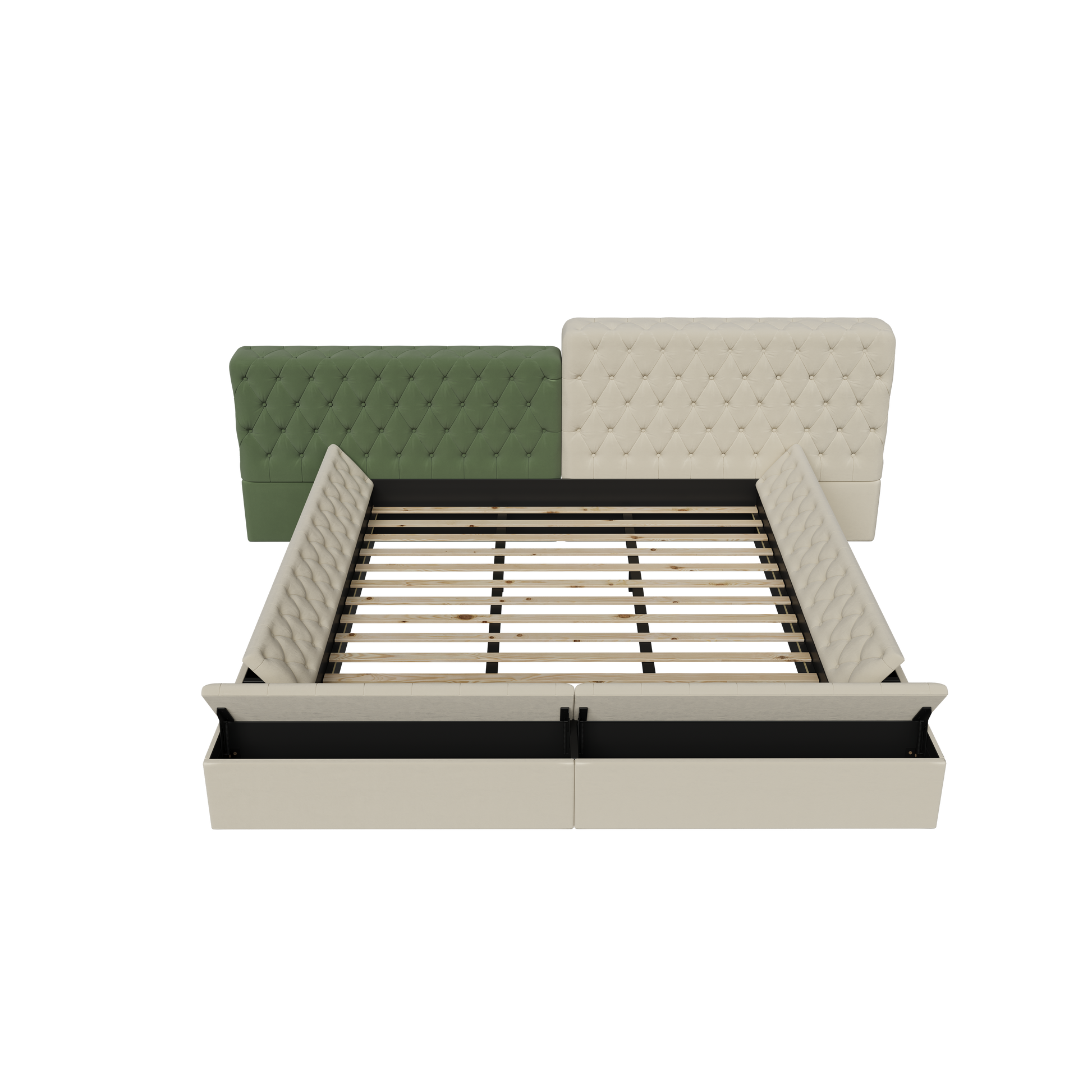 Cream tufted storage bed frame with wooden slats and open storage compartments