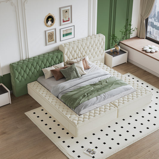 Tufted velvet platform bed in cream and green