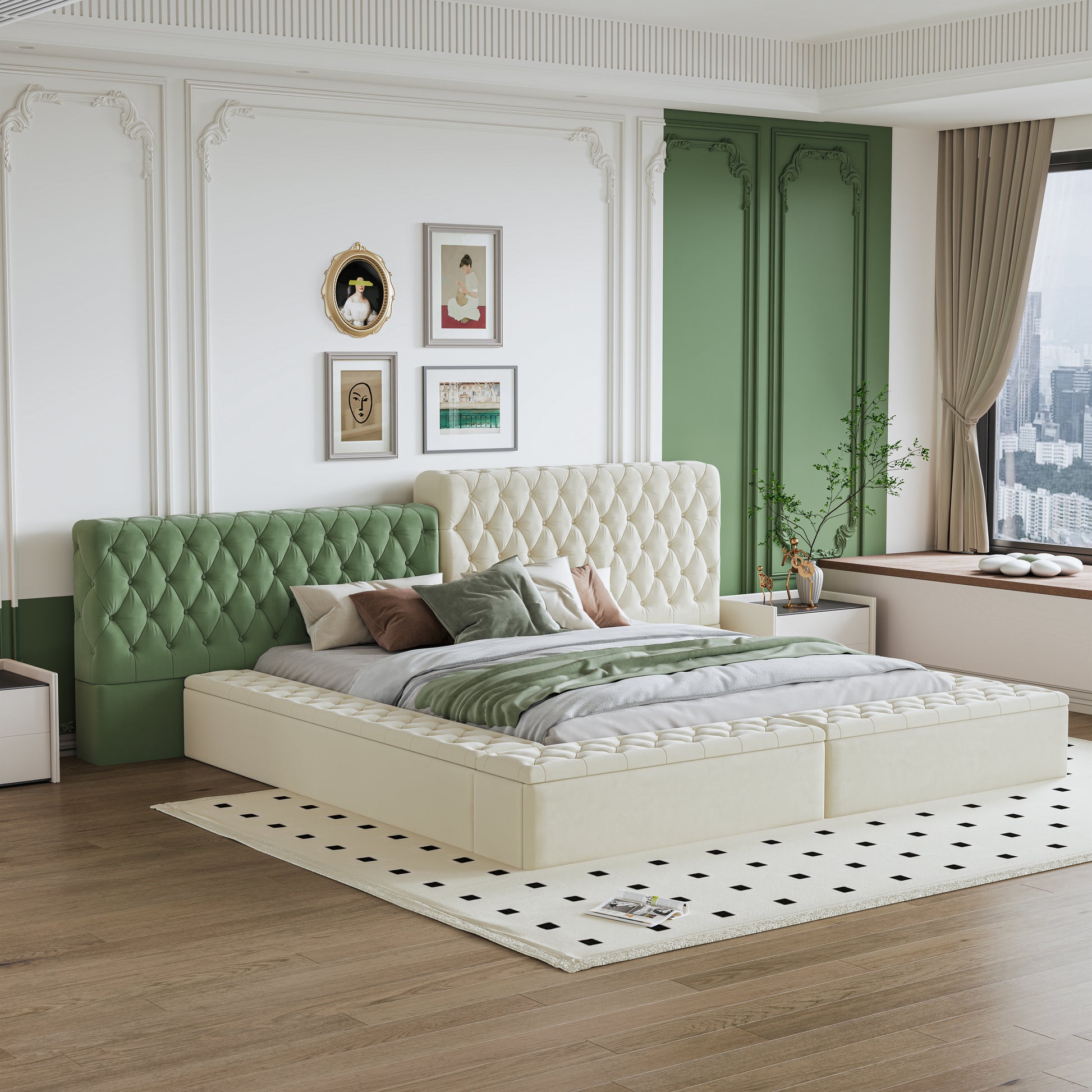 Cream upholstered tufted platform bed with green velvet headboards and storage bench