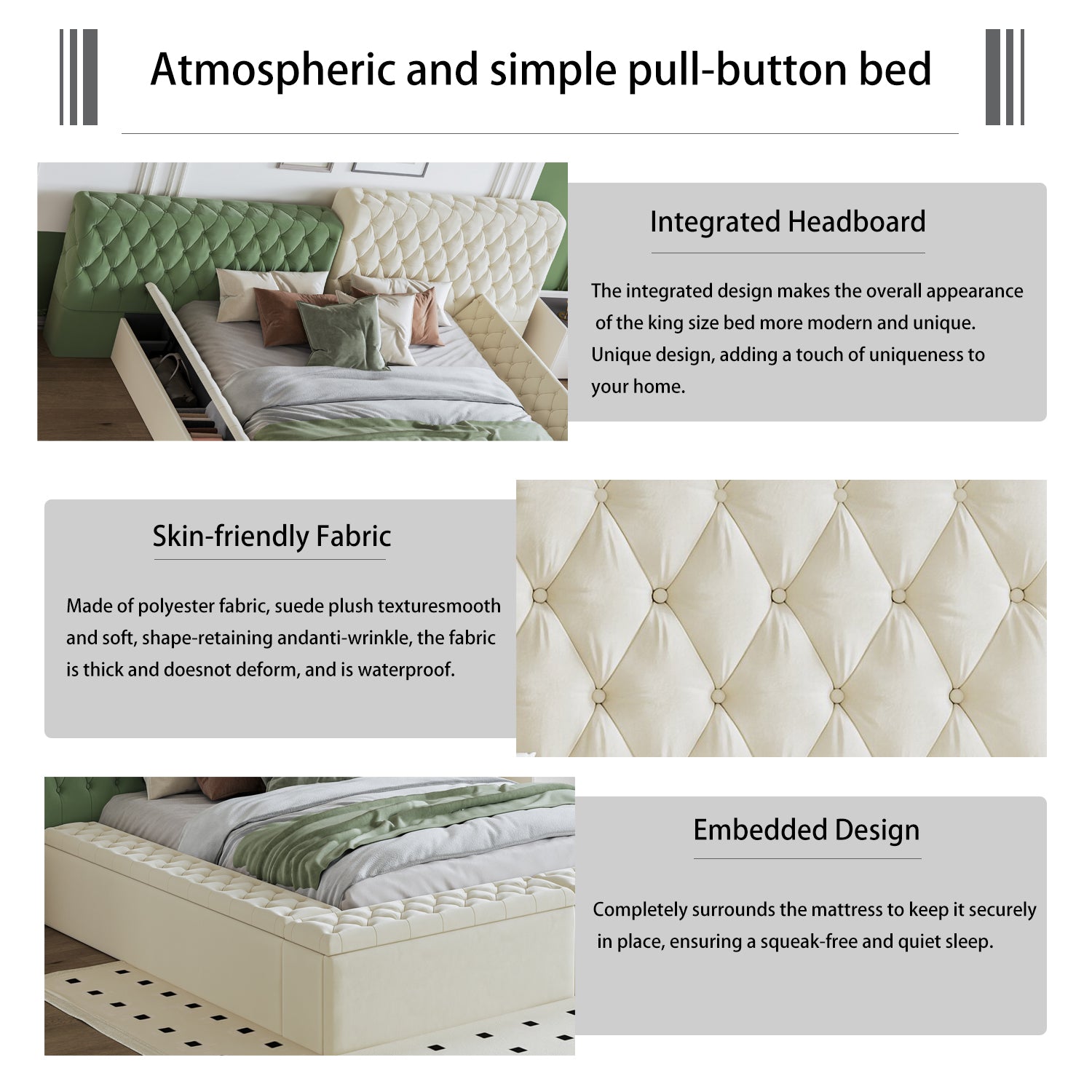 Tufted cream upholstered bed frame with button details
