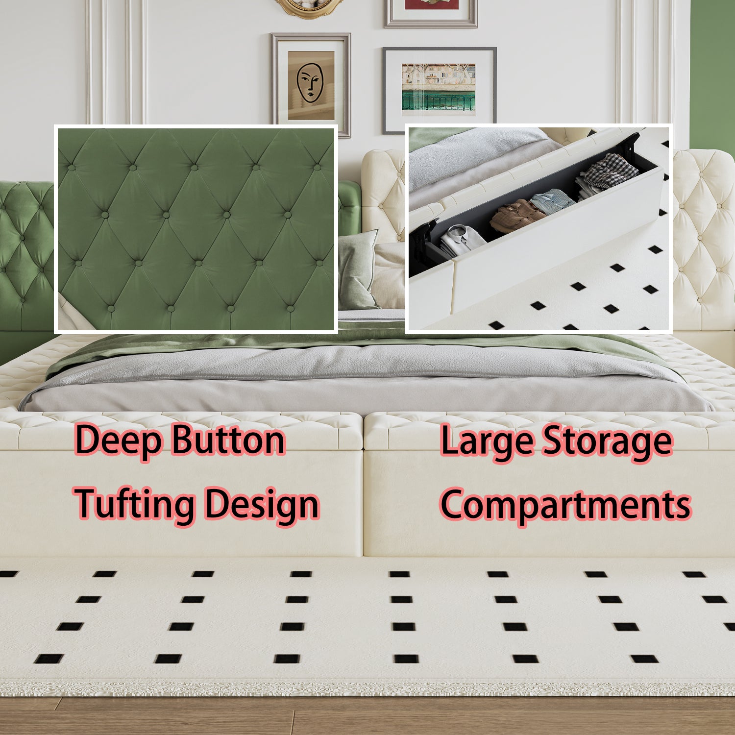Cream upholstered bed with deep button tufting and hidden storage