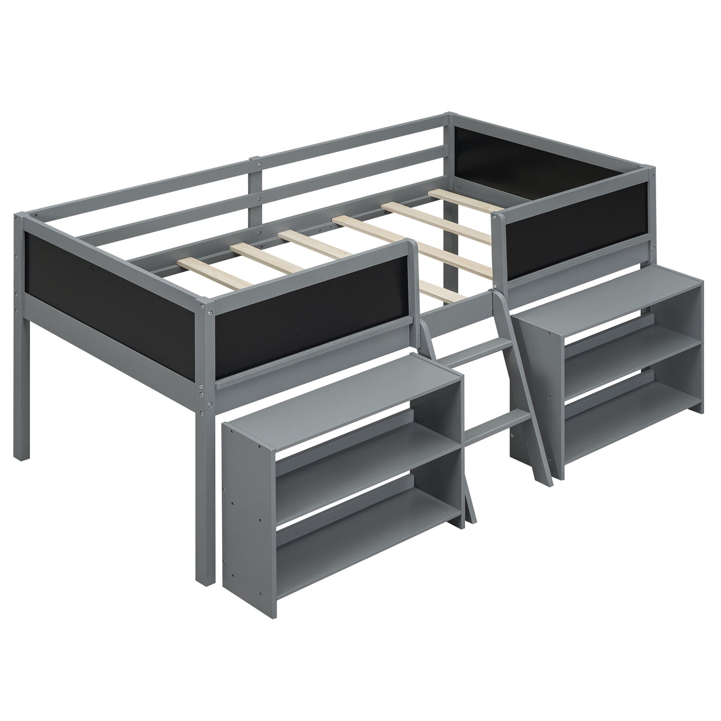 Gray loft bed with attached shelving and ladder