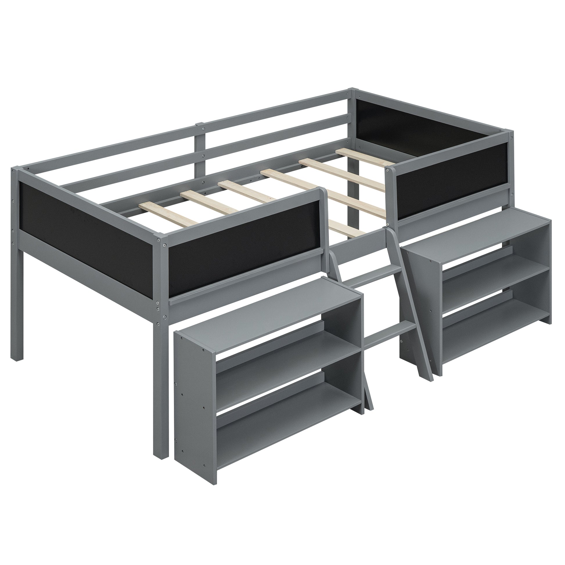 Gray loft bed with attached shelving and ladder