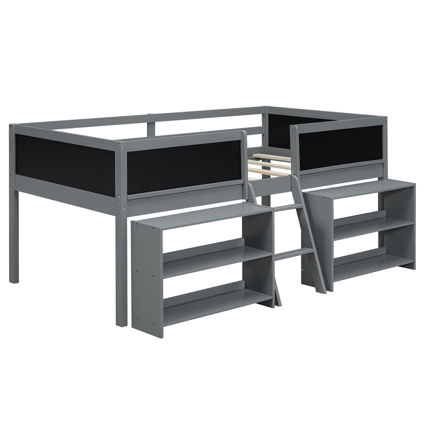 Gray loft bed with chalkboard sides and integrated shelves