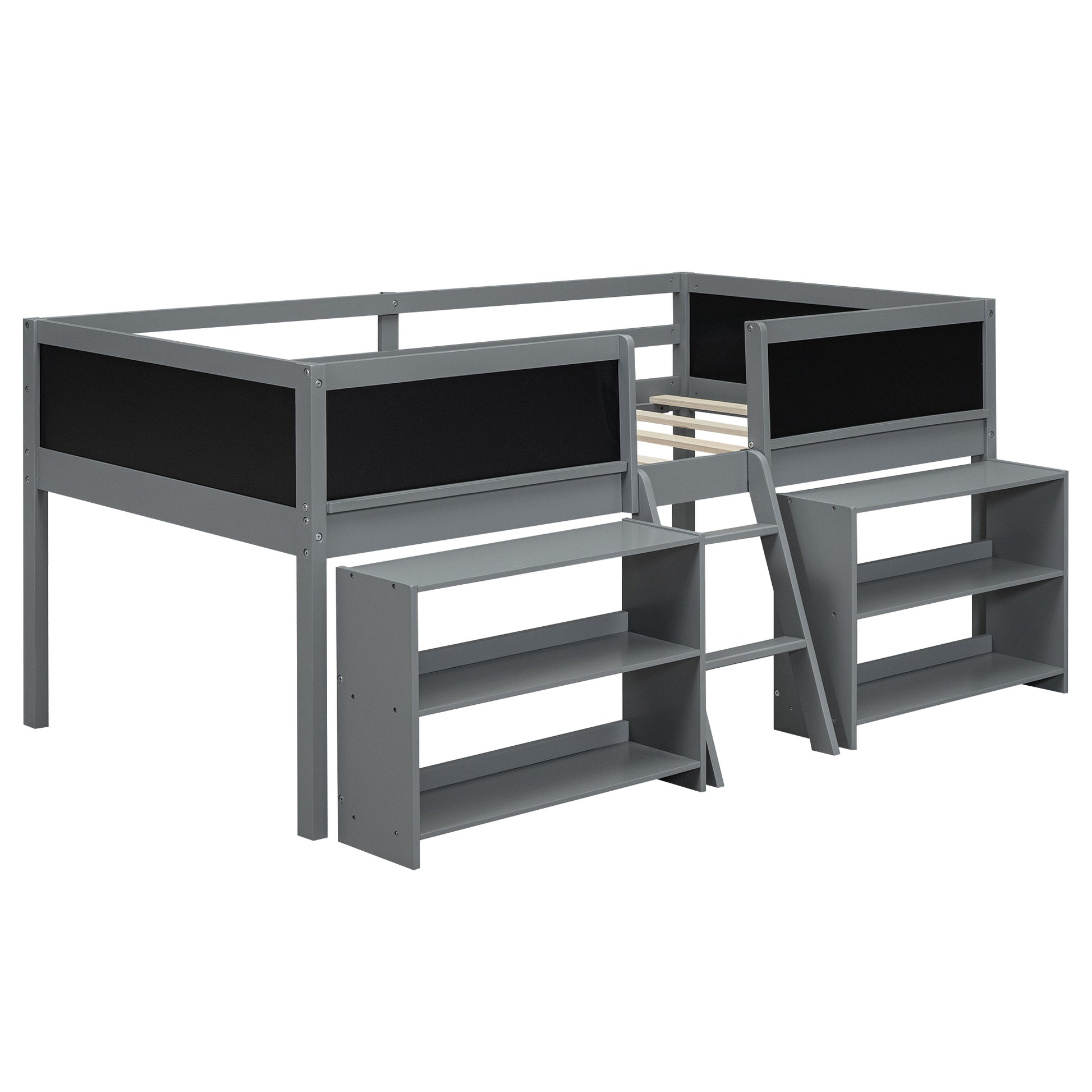 Gray loft bed with chalkboard sides and integrated shelves
