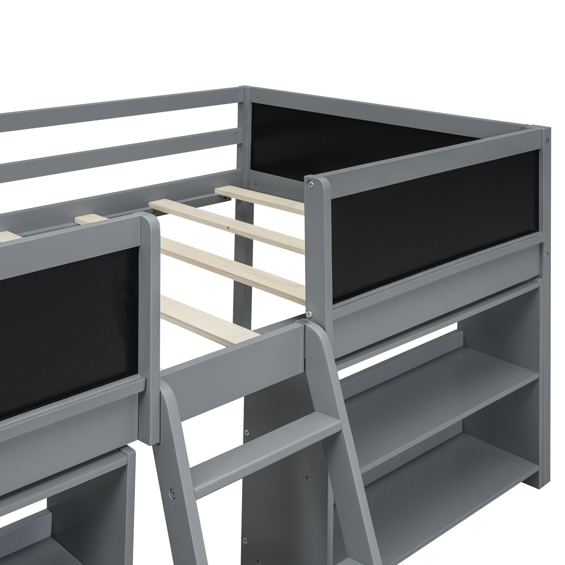 Gray wooden loft bed with integrated shelves and blackboard panels