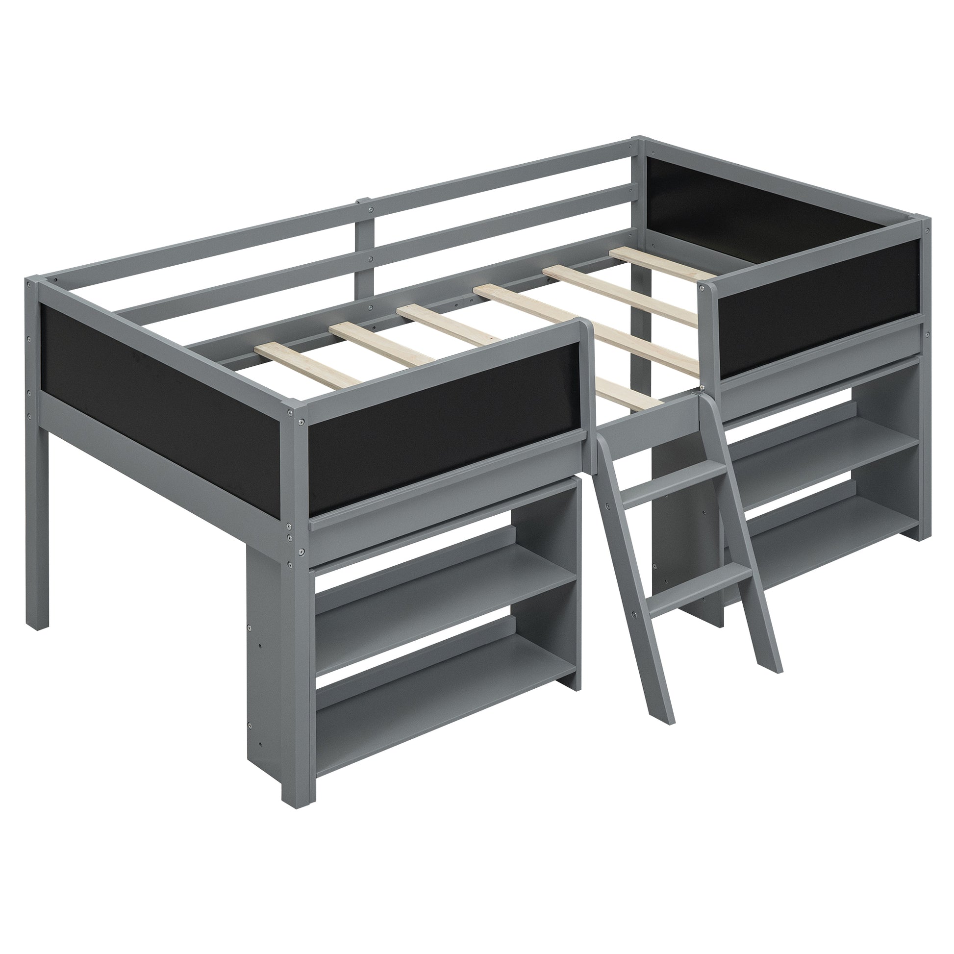 Gray twin loft bed with shelves and ladder