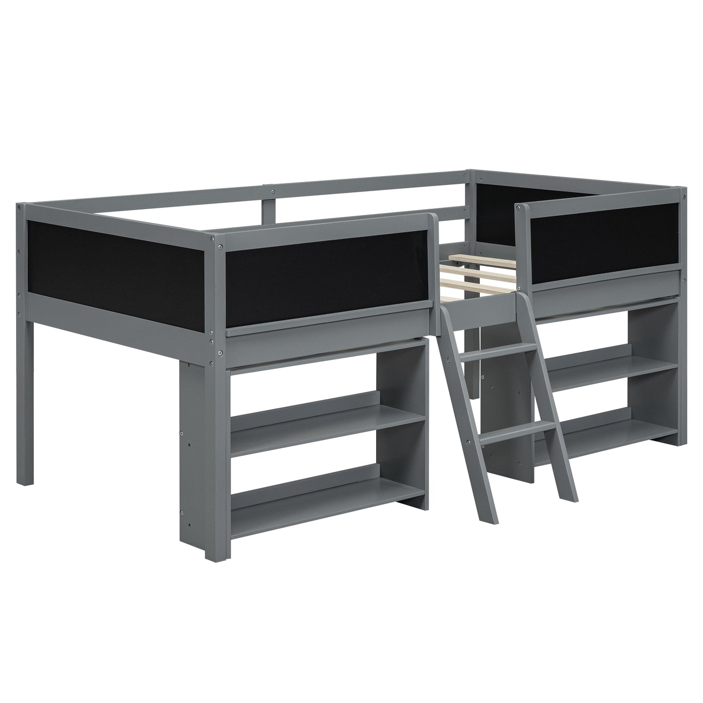 Gray wooden loft bed with black chalkboard sides and integrated shelves