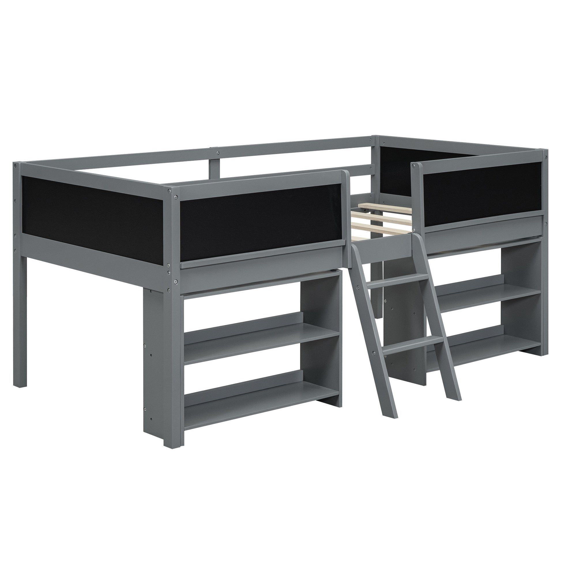 Gray wooden loft bed with black chalkboard sides and integrated shelves
