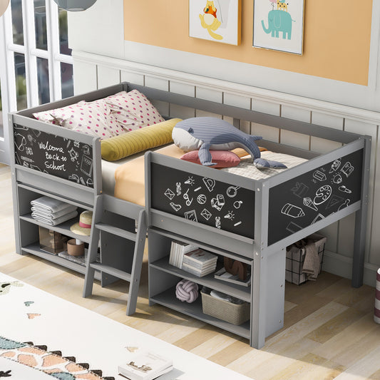 Gray loft bed with chalkboard sides and builtin shelves