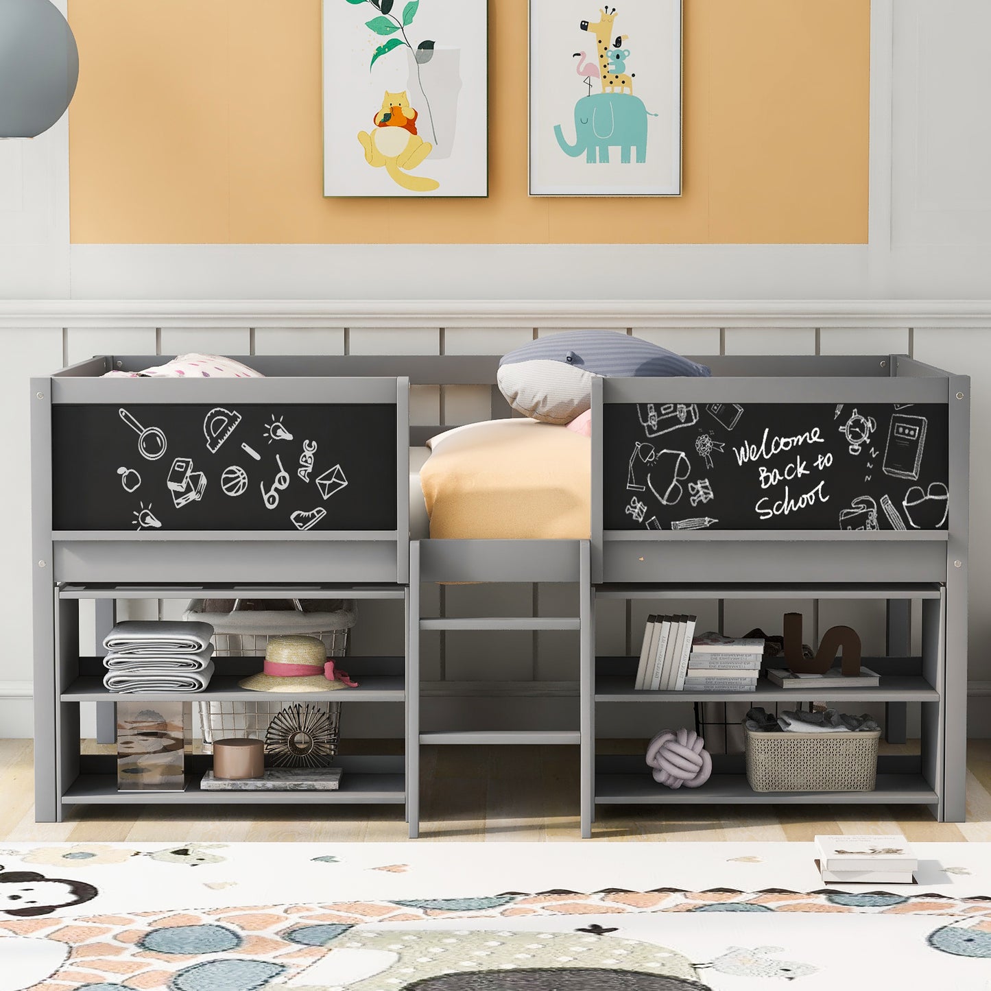 Gray loft bed with chalkboard sides and builtin storage shelves