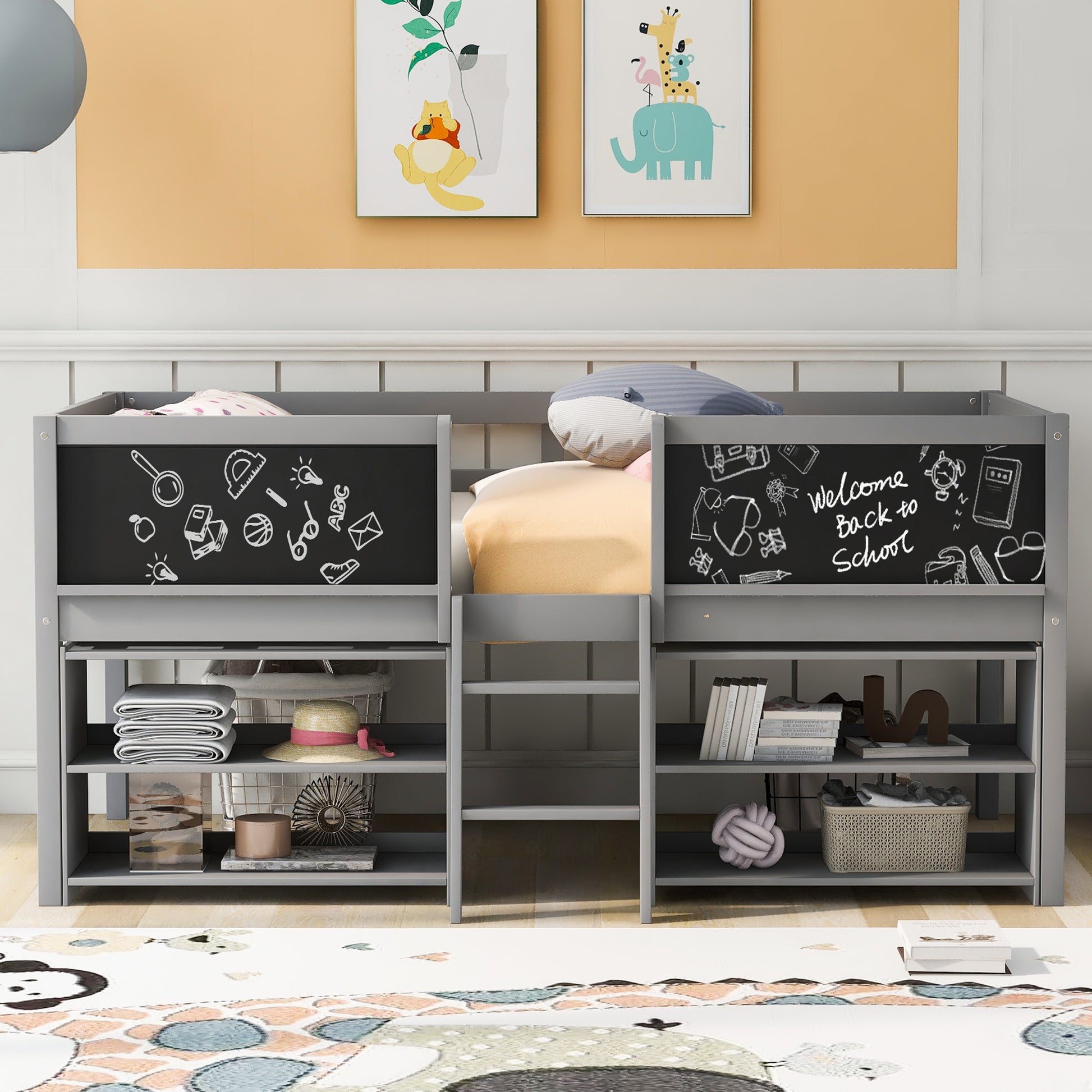 Gray loft bed with chalkboard sides and builtin storage shelves