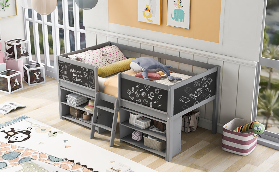 Gray loft bed with chalkboard sides and builtin shelving