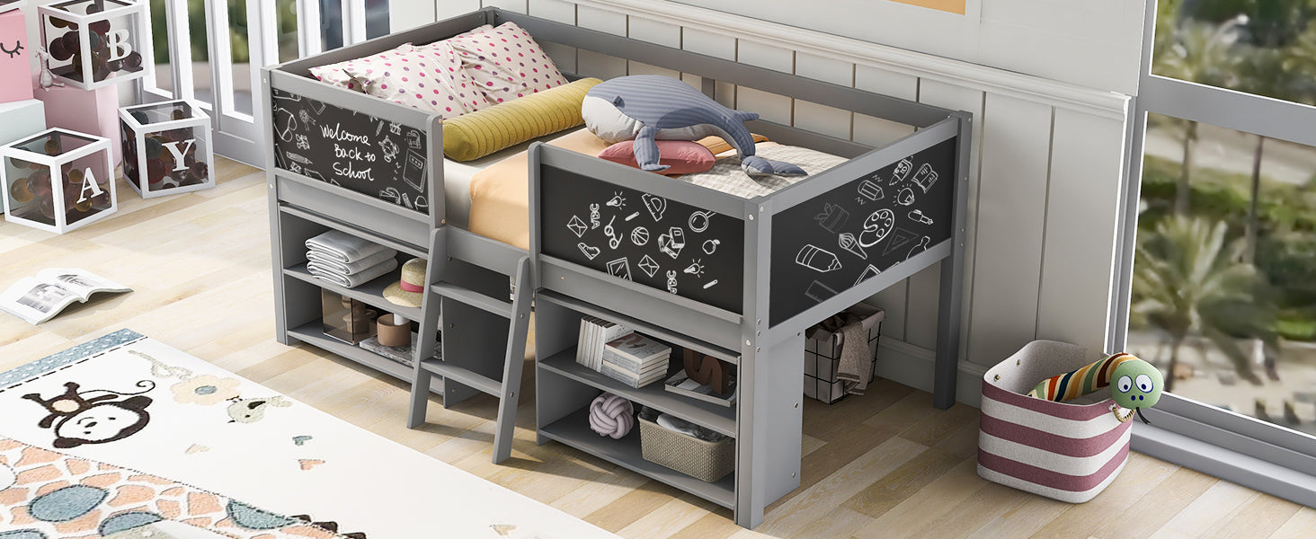 Gray twin loft bed with blackboard sides and builtin storage shelves