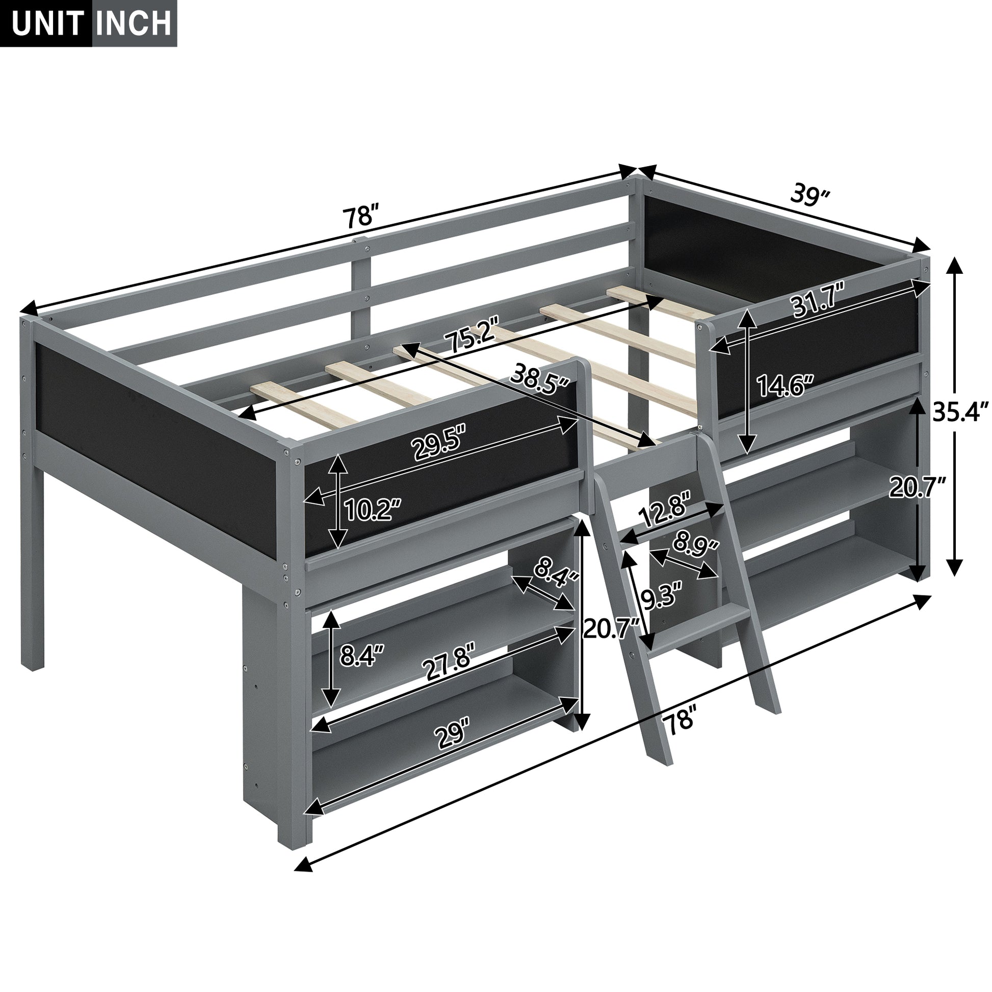 Gray loft bed with ladder and integrated shelves