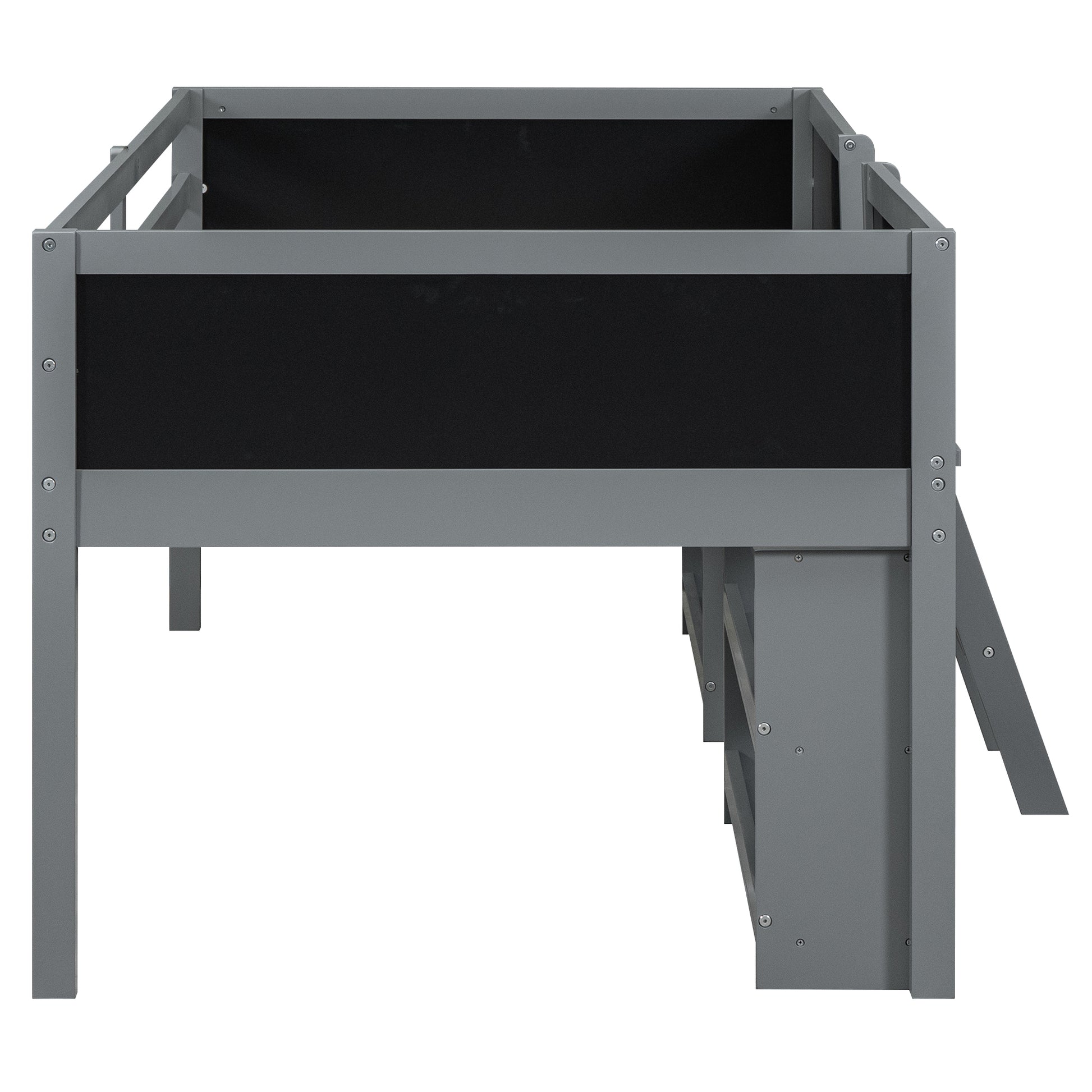 Gray metal loft bed frame with black fabric panel suitable for kids room