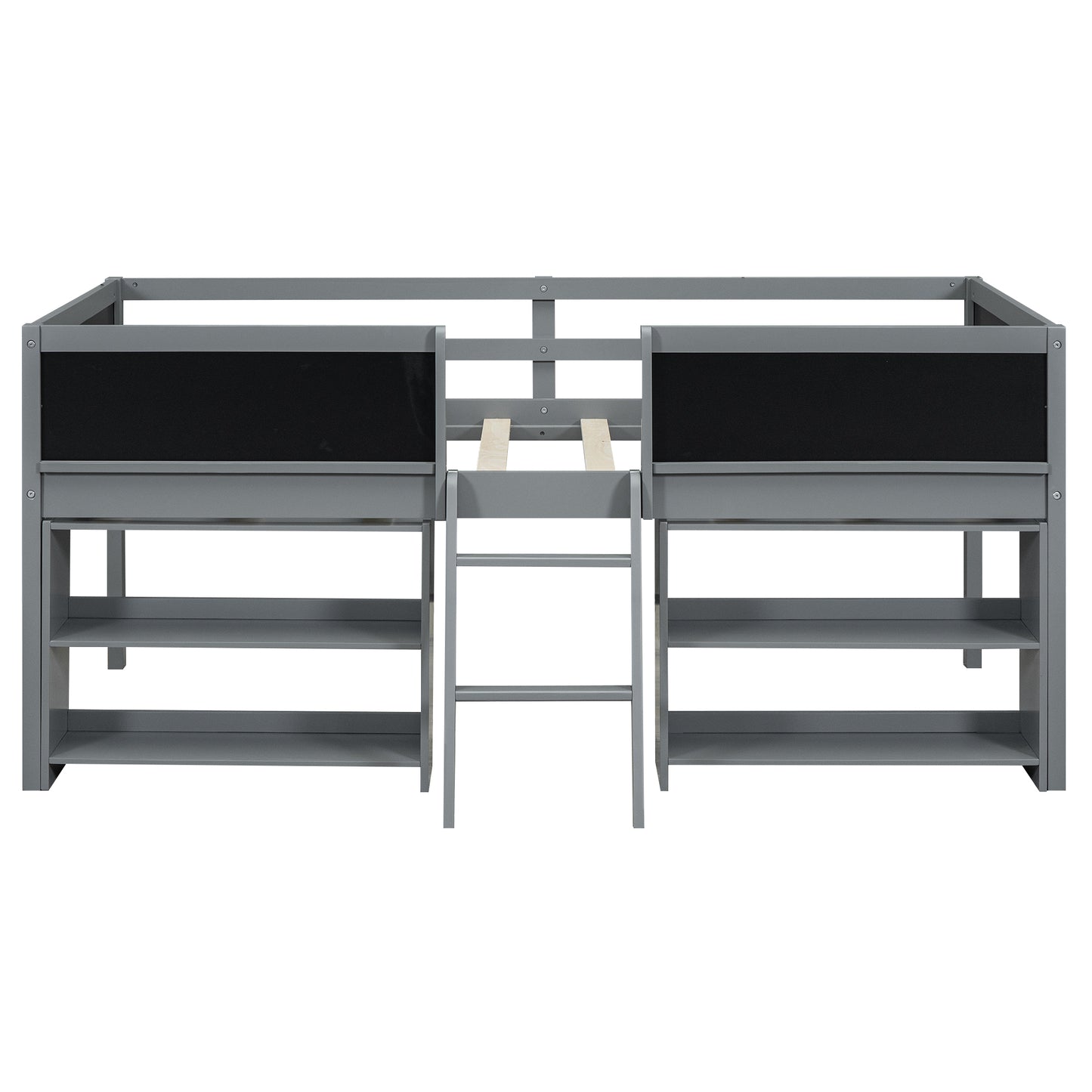 Gray twin loft bed frame with shelves and ladder