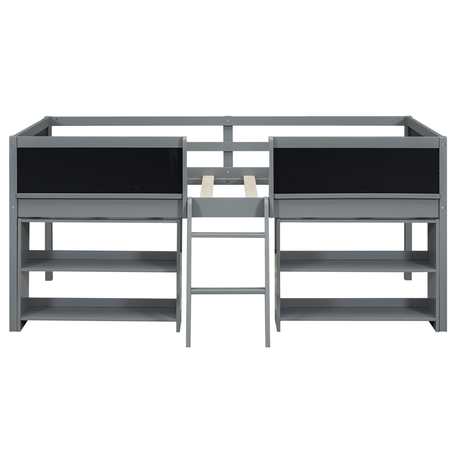 Gray twin loft bed frame with shelves and ladder