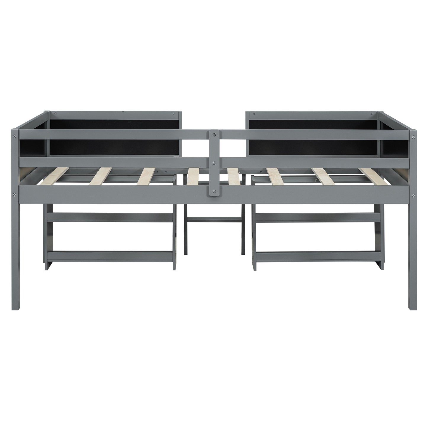 Gray twin over twin bunk bed frame with wooden slats and safety rails