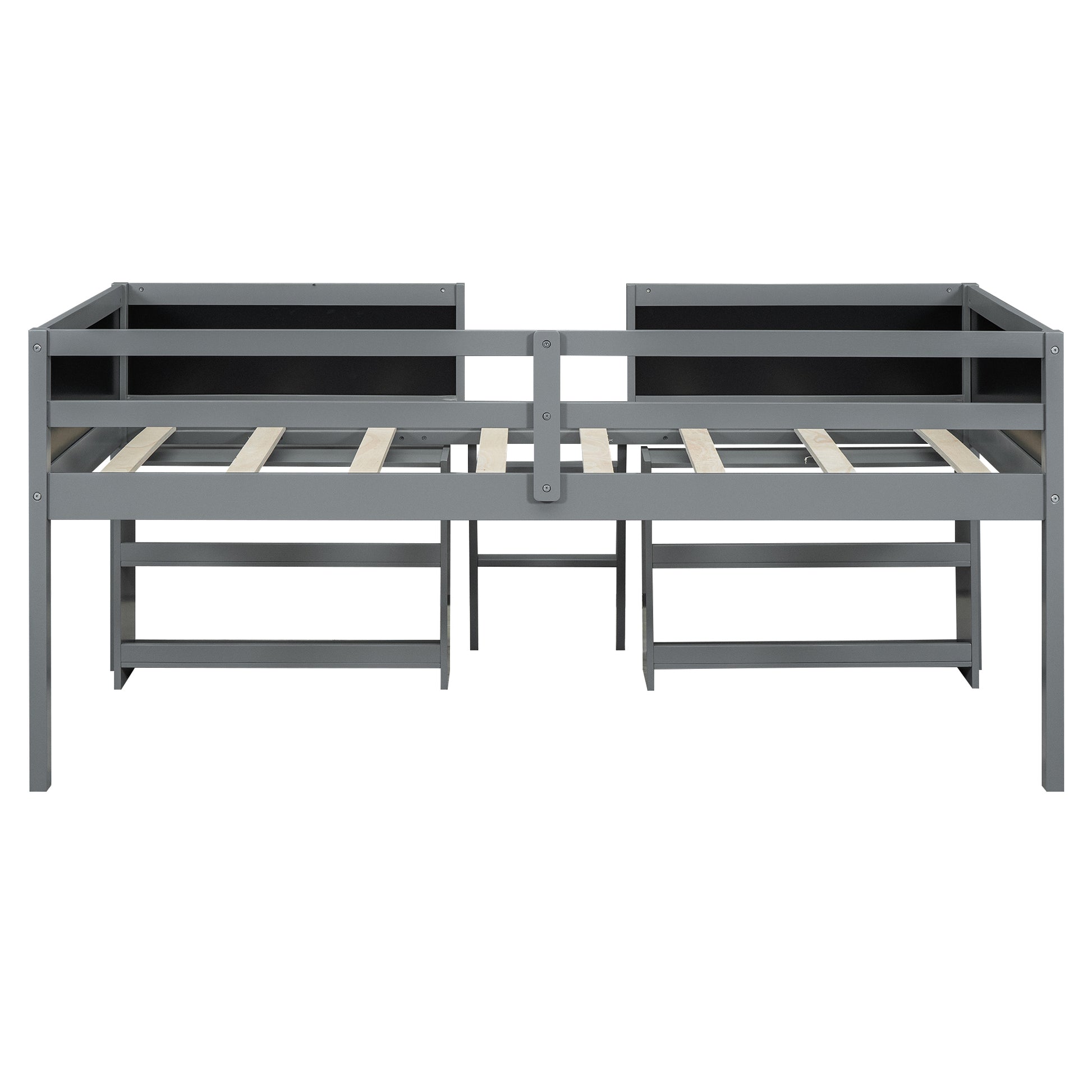 Gray twin over twin bunk bed frame with wooden slats and safety rails