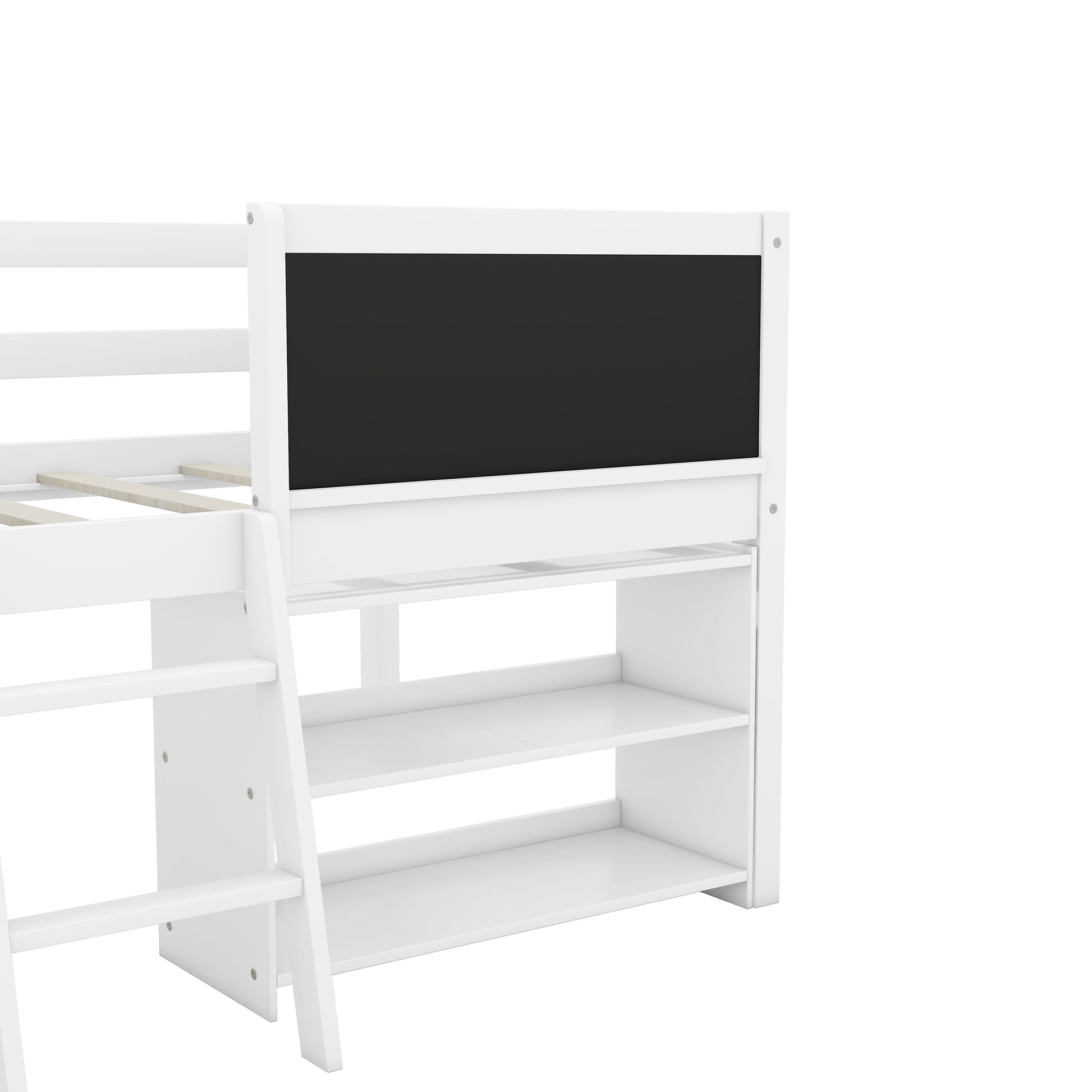 White loft bed with integrated chalkboard and shelves