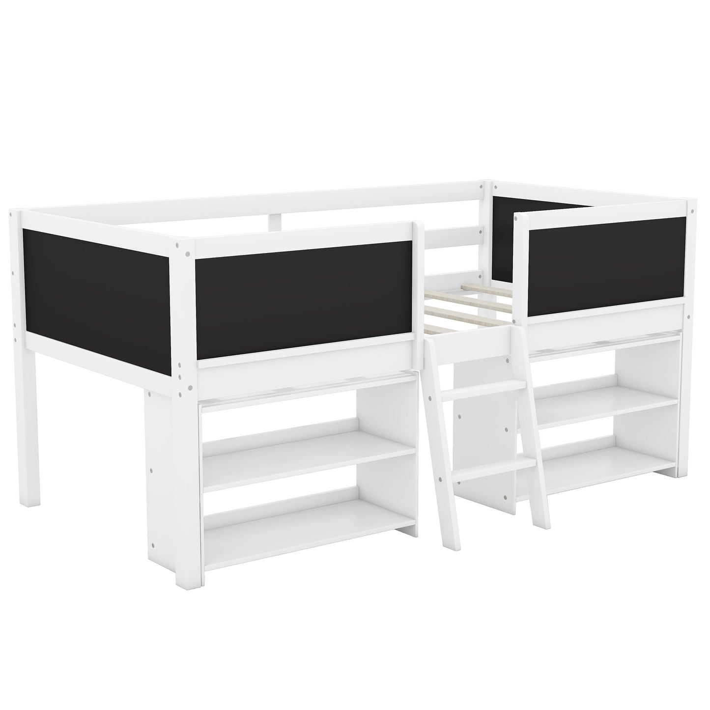 White loft bed with chalkboard sides and integrated shelving