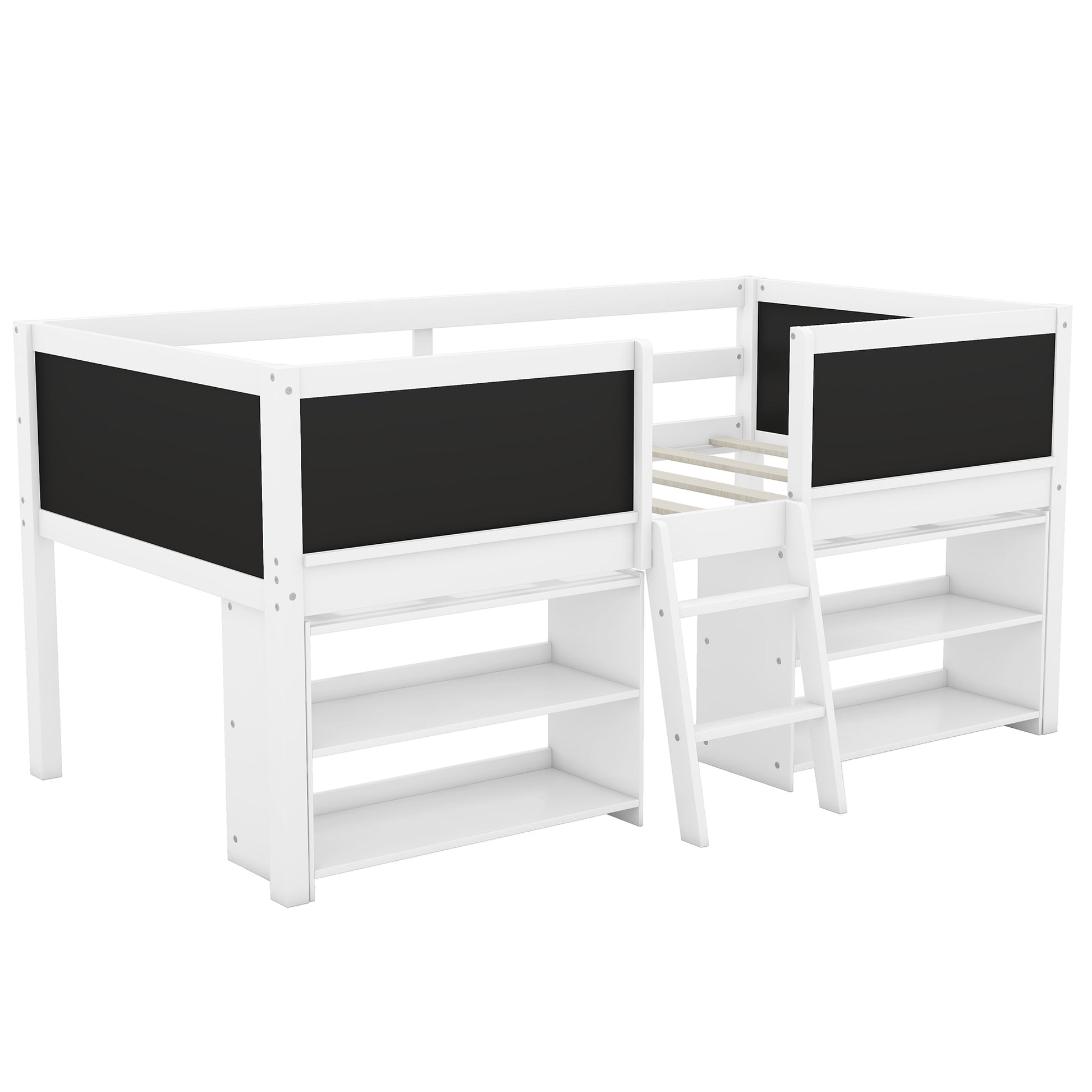 White loft bed with chalkboard sides and integrated shelving