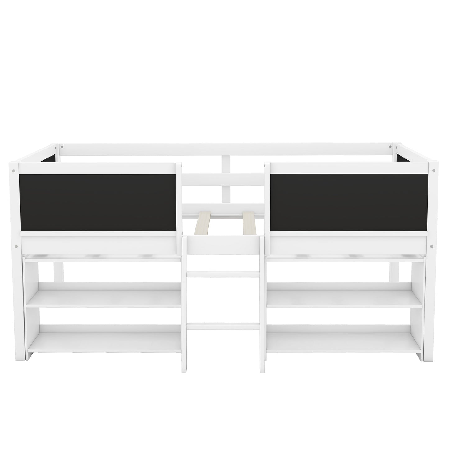 White loft bed with shelves and chalkboard panels