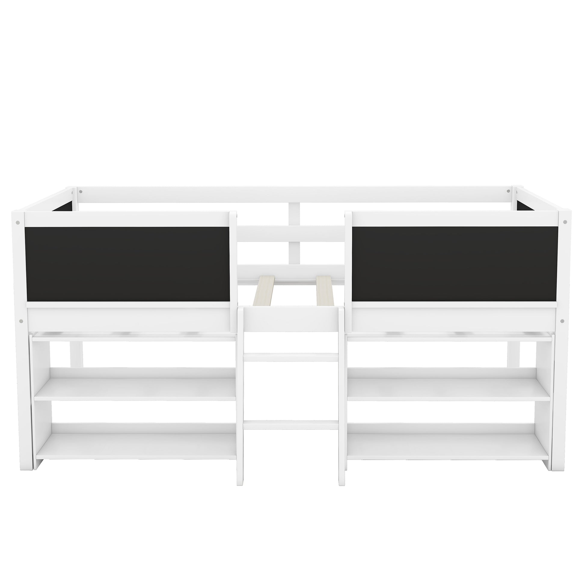 White loft bed with shelves and chalkboard panels