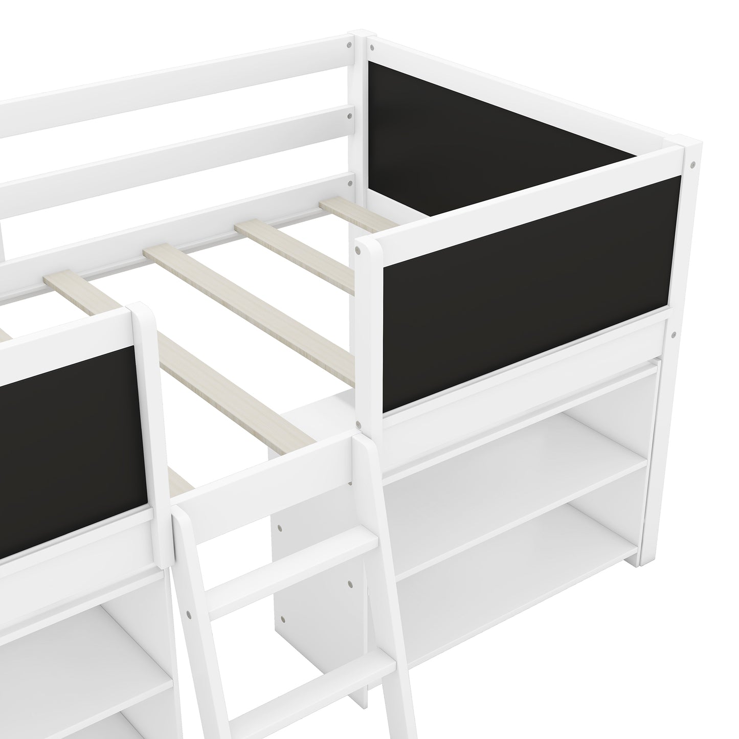White loft bed with builtin shelves and chalkboard sides