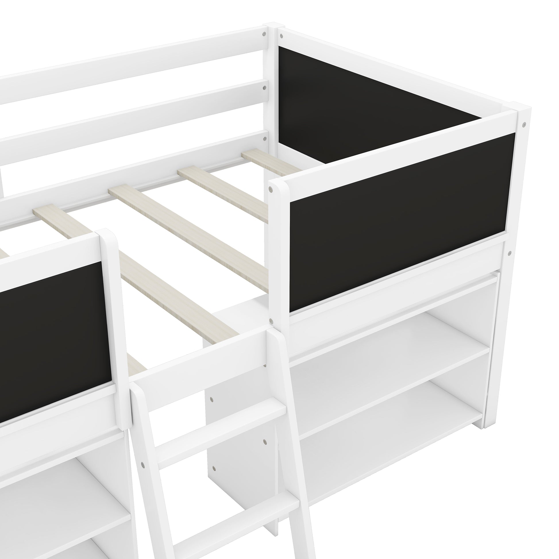 White loft bed with builtin shelves and chalkboard sides