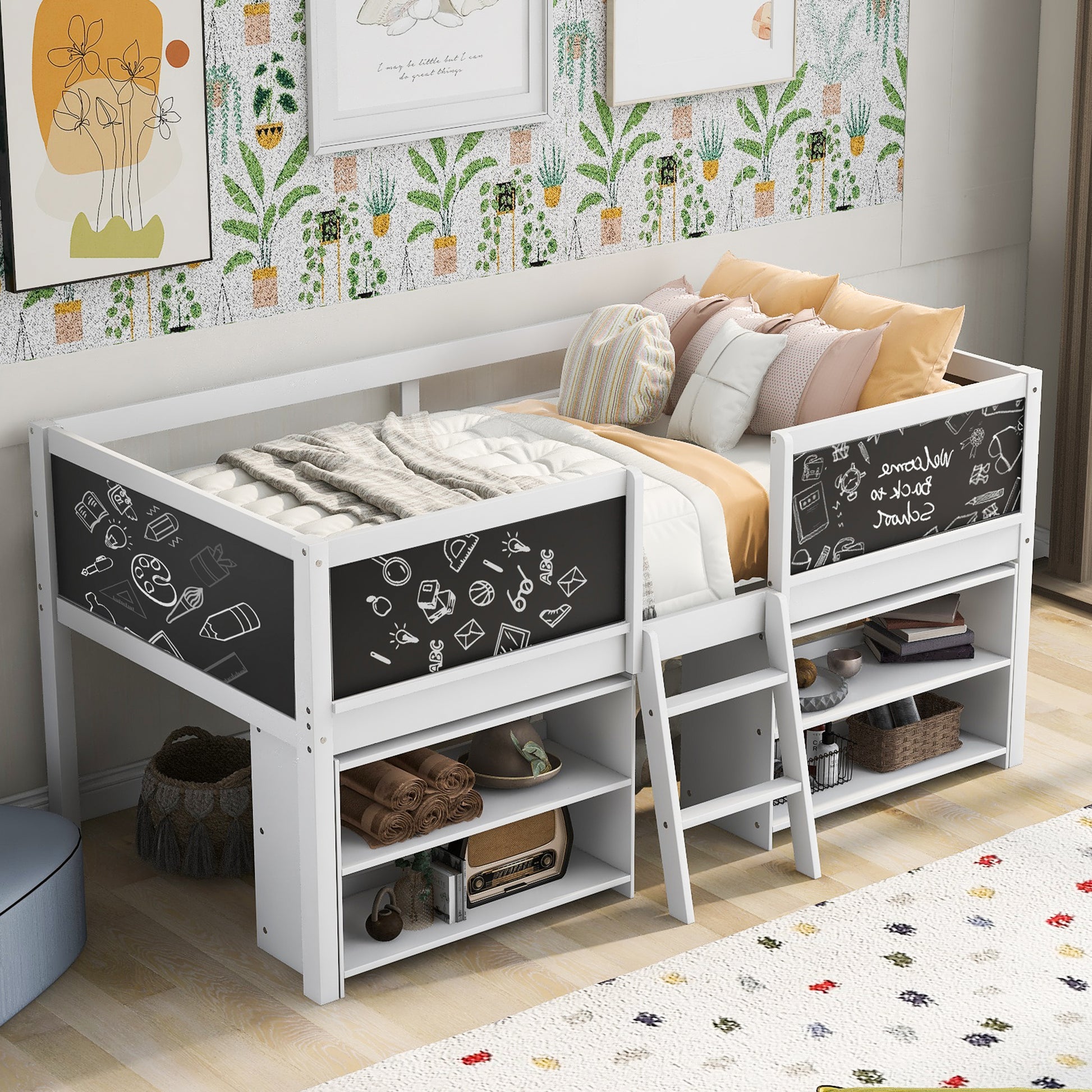 White loft bed with chalkboard sides featuring art supplies