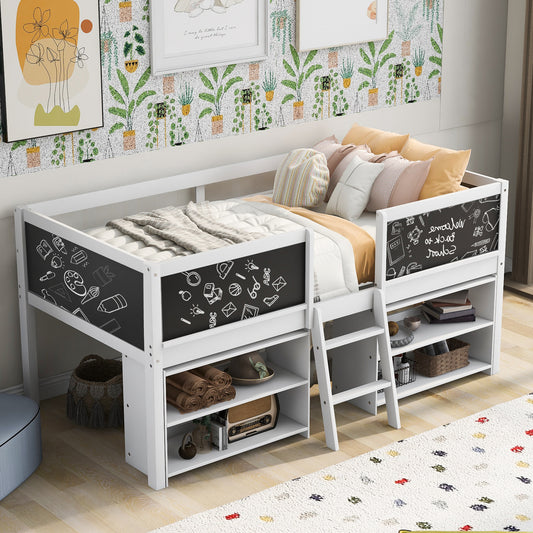 White loft bed with chalkboard sides featuring art supplies