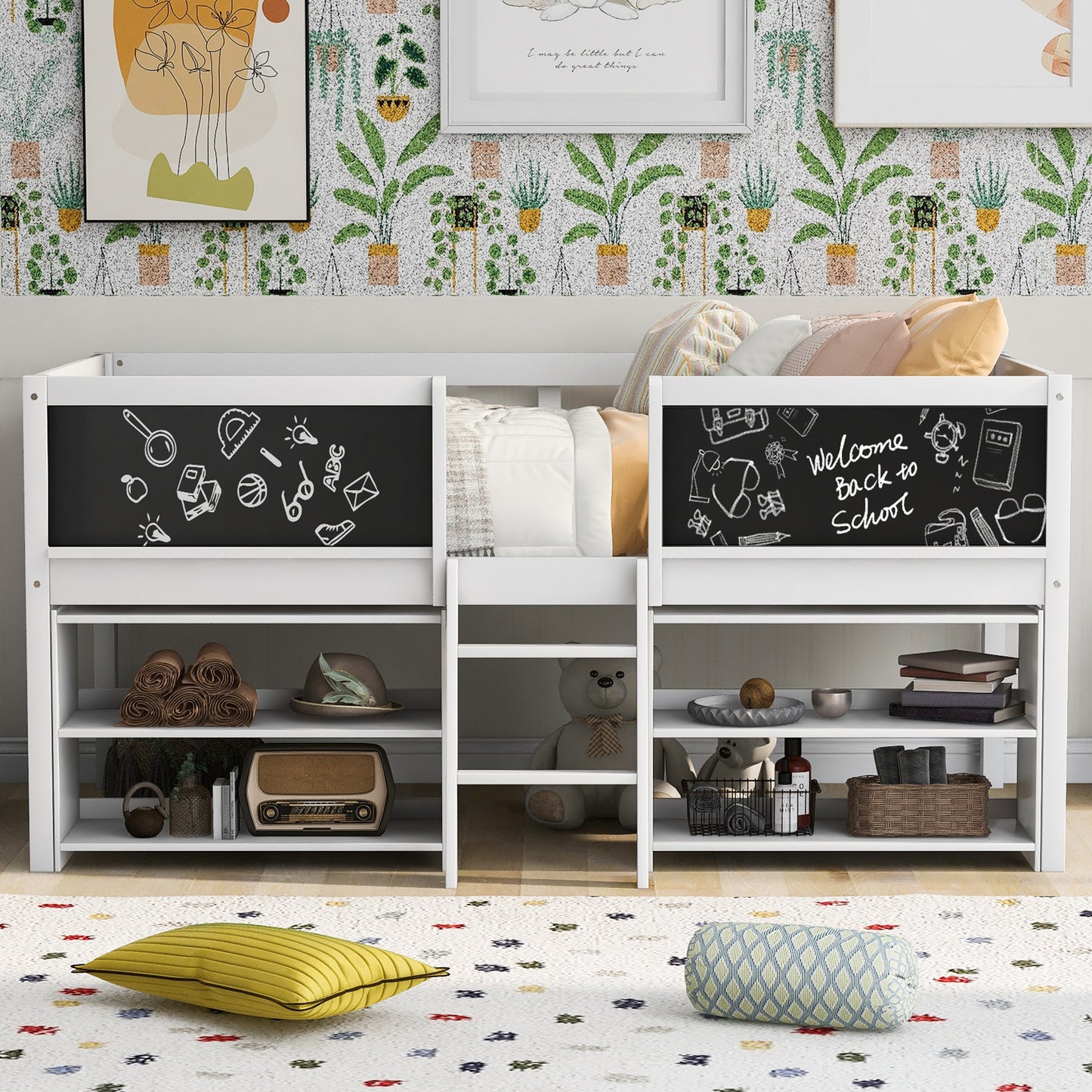 White loft bed with chalkboard sides and storage shelves