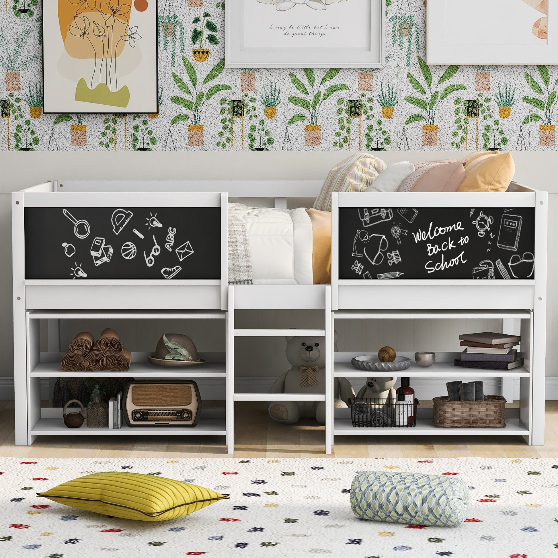 White loft bed with chalkboard sides and storage shelves