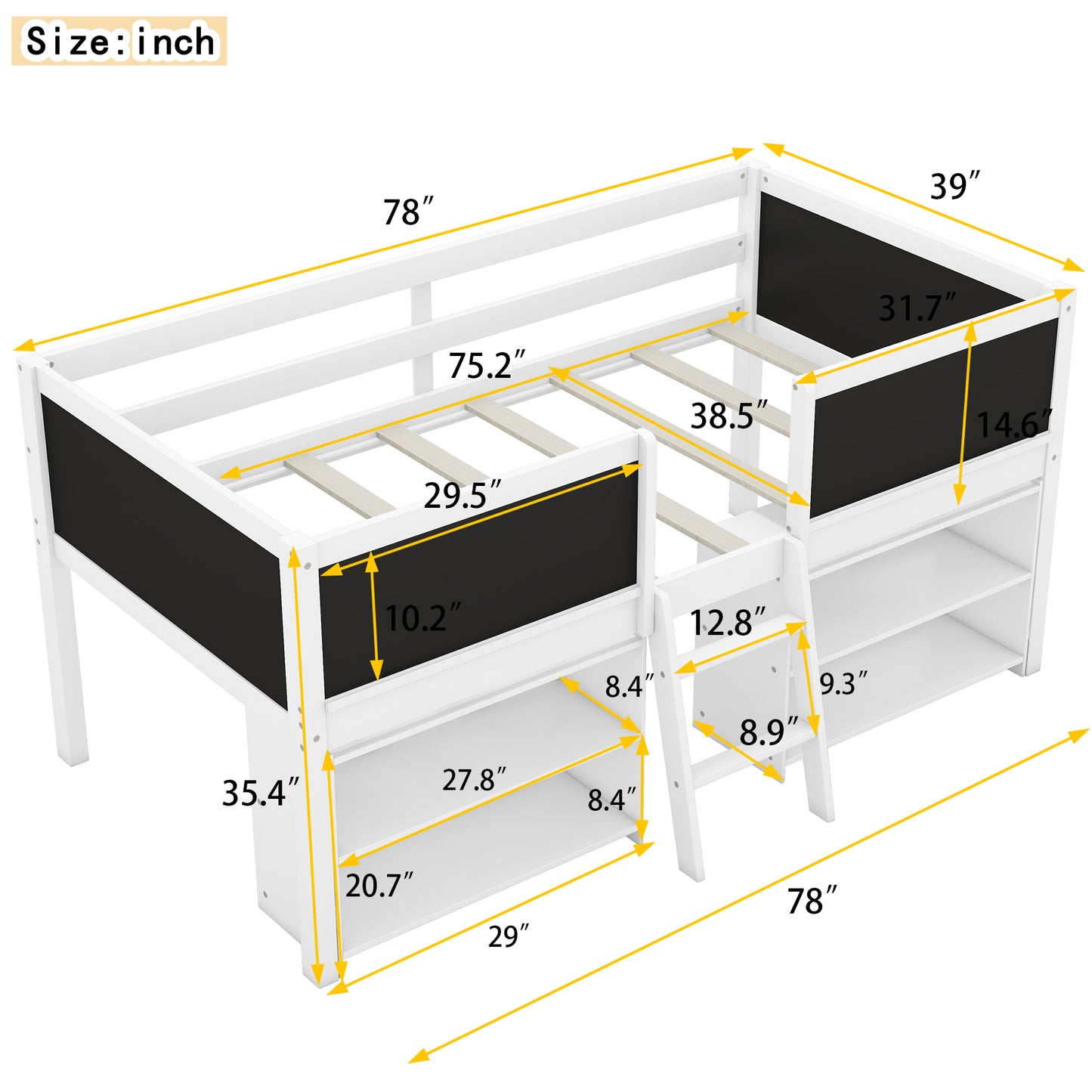White loft bed with blackboard panels