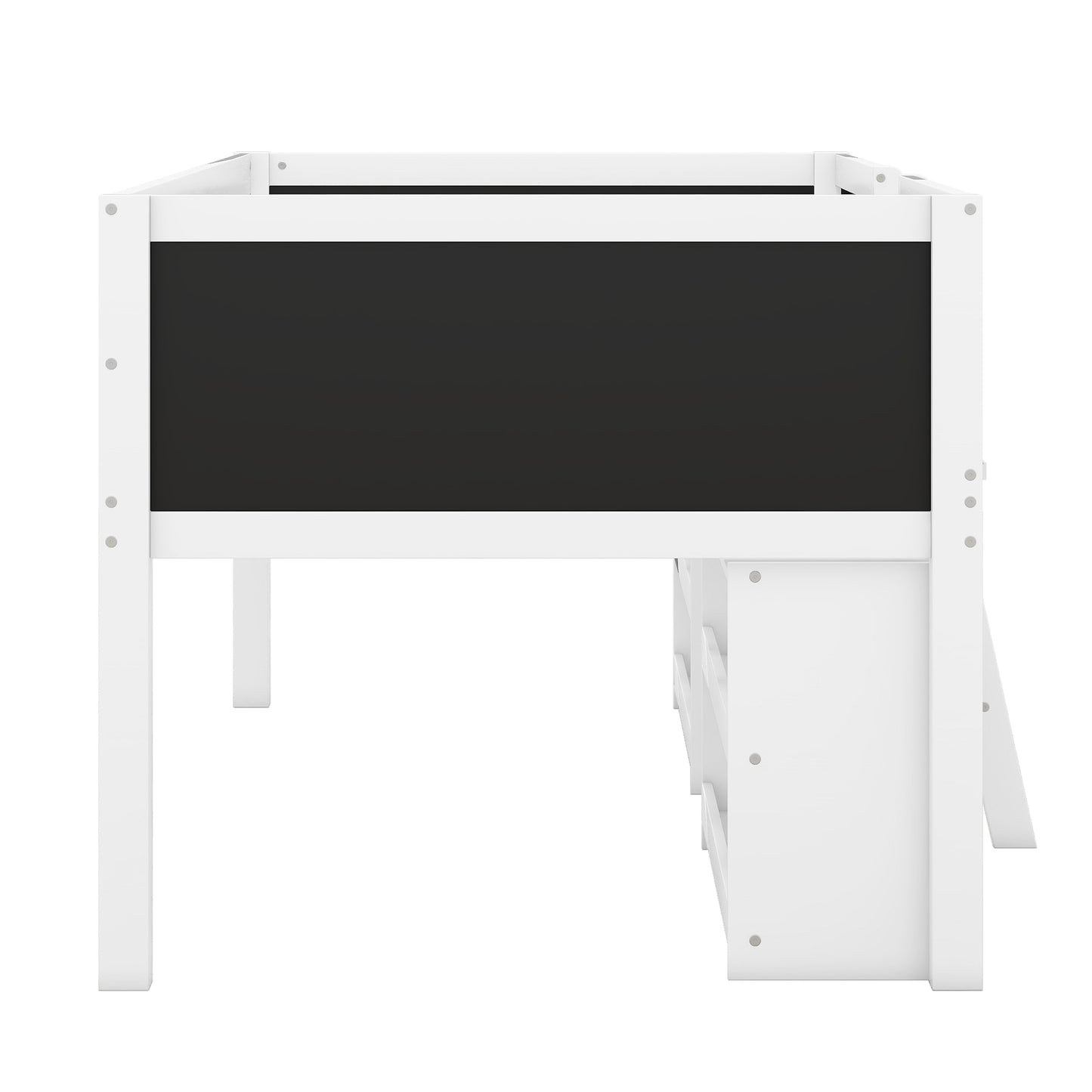 White wooden loft bed frame with blackboard front
